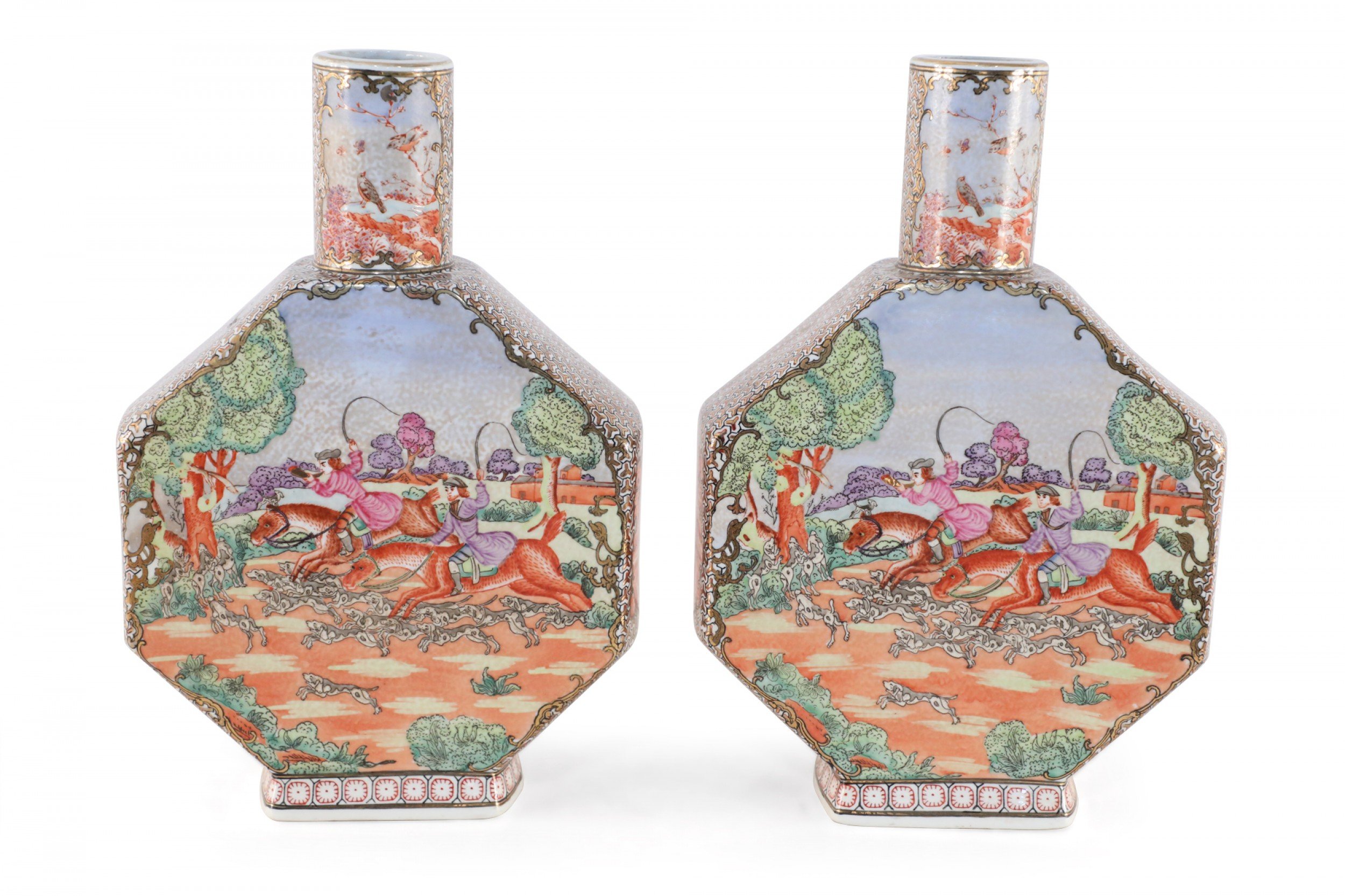 Pair of Chinese Guangzhou Dog Hunt Scene Moonflask Porcelain Vases