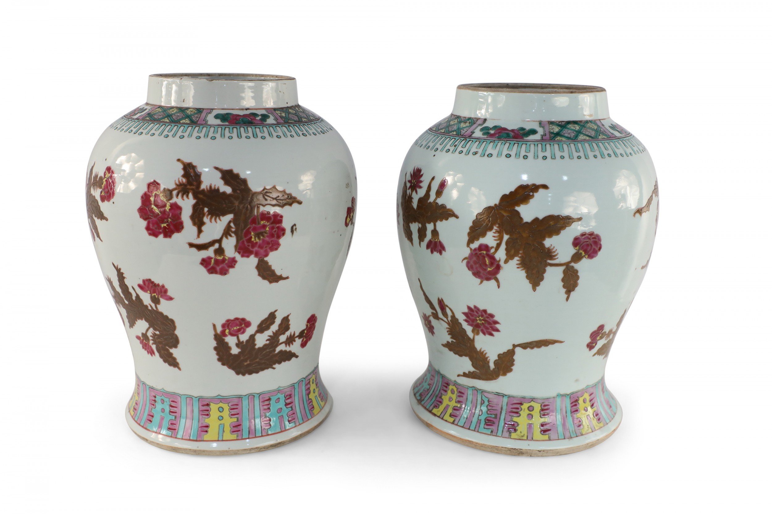 Pair of Chinese White and Umber Floral Design Porcelain Vases