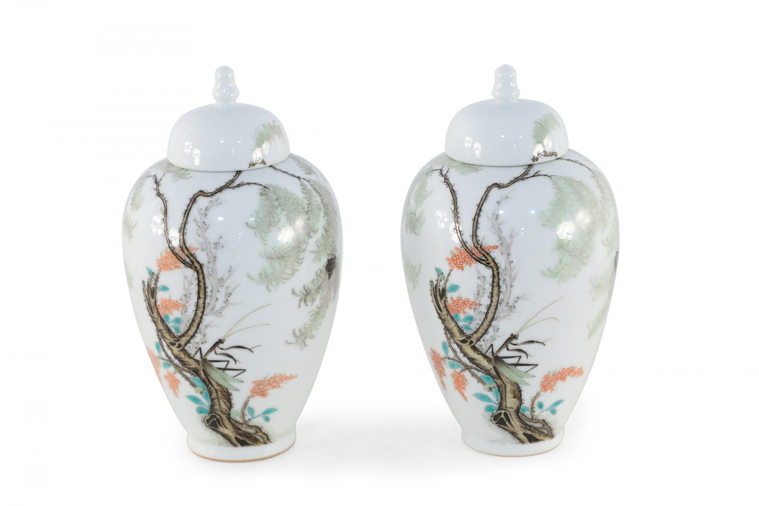 Pair of Chinese White Porcelain Famille Rose Lidded Jars 