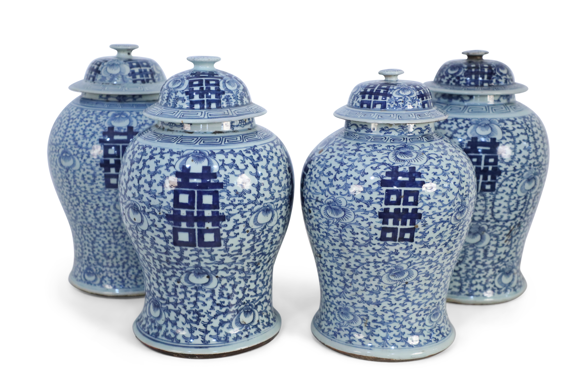 Chinese Off White and Light Blue Vine Pattern Lidded Porcelain Ginger Jars