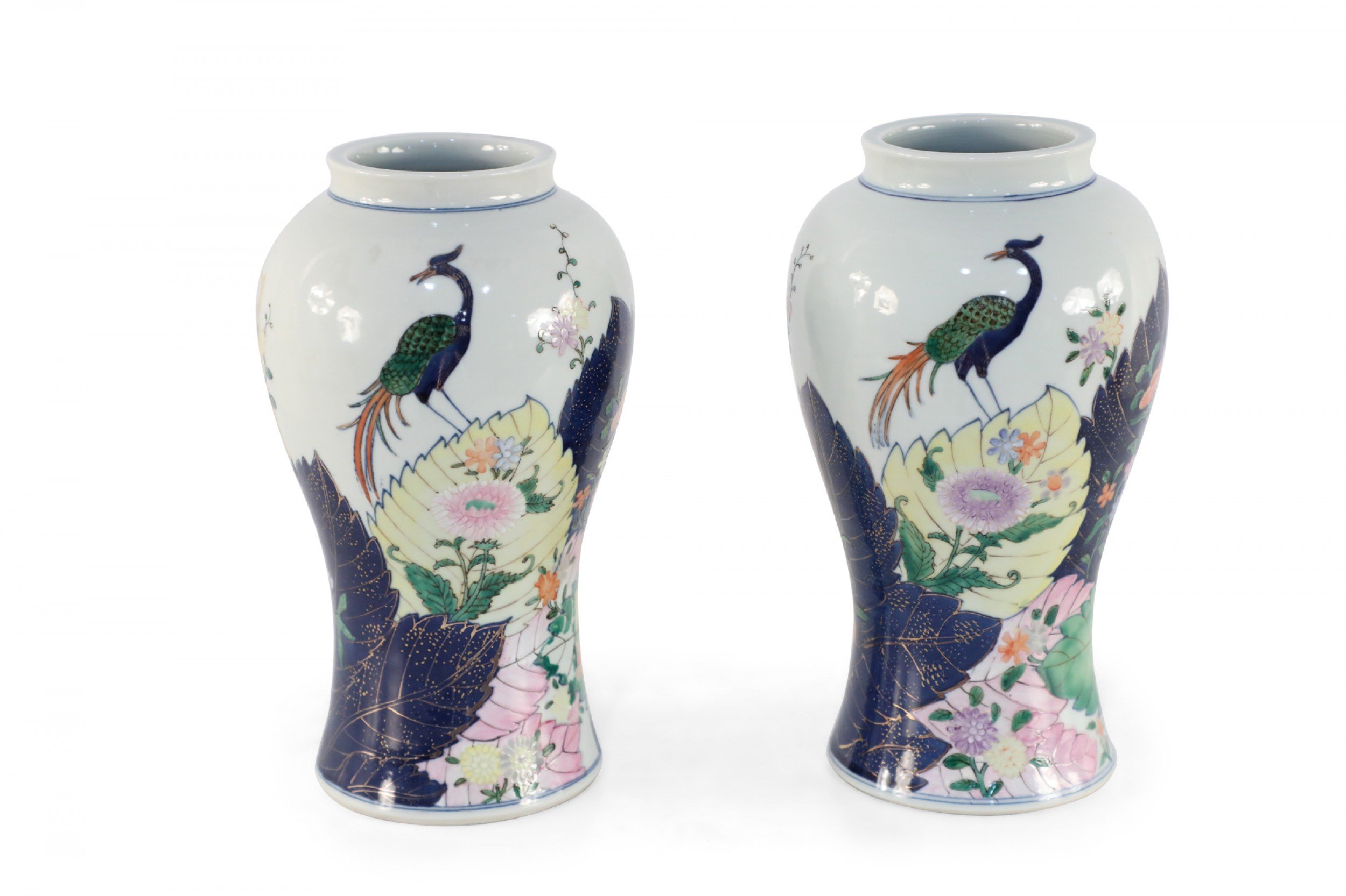 Pair of Chinese White Peacock and Floral Design Urn Shaped Porcelain Vases