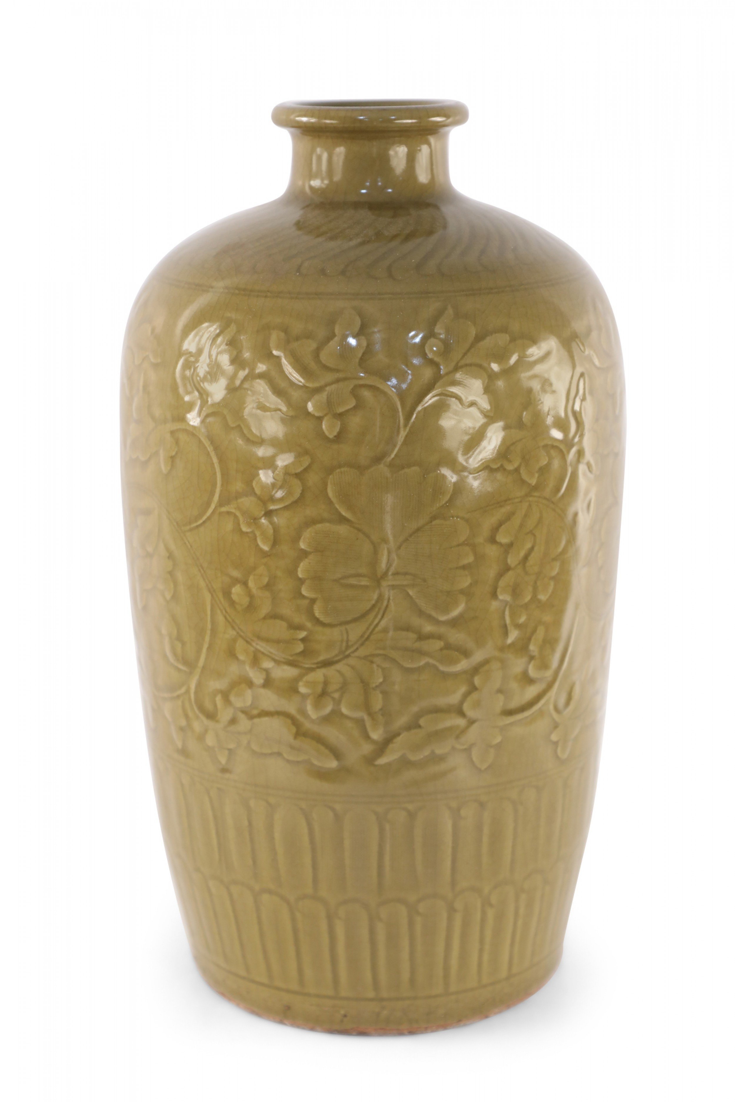 Chinese Mustard Colored and Tonal Patterned Meiping Porcelain Vase
