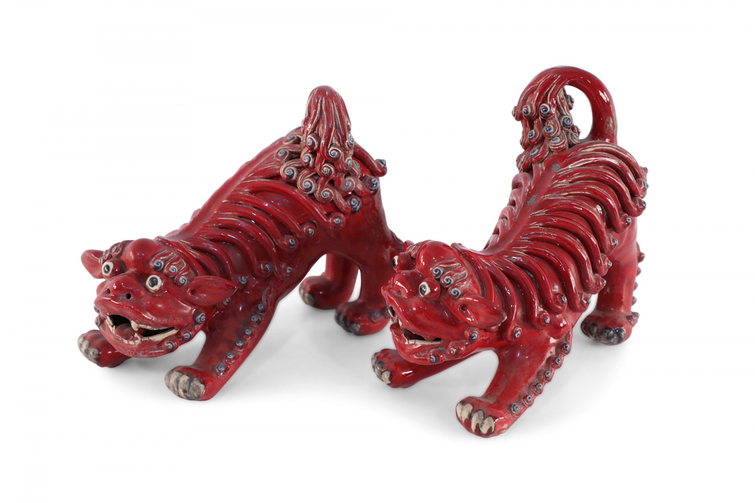 Pair of Chinese Shiwan Guangdong Red Porcelain Foo Dogs