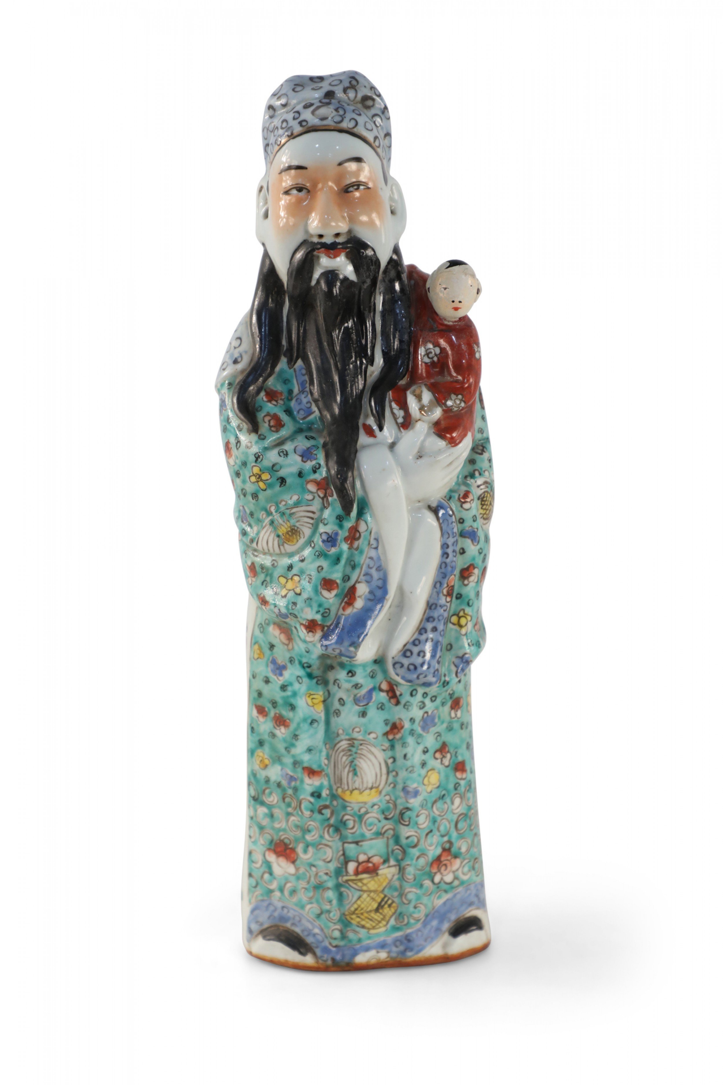 Chinese Green and Red Lu Xing Wealth and Prosperity Deific Porcelain Figurine