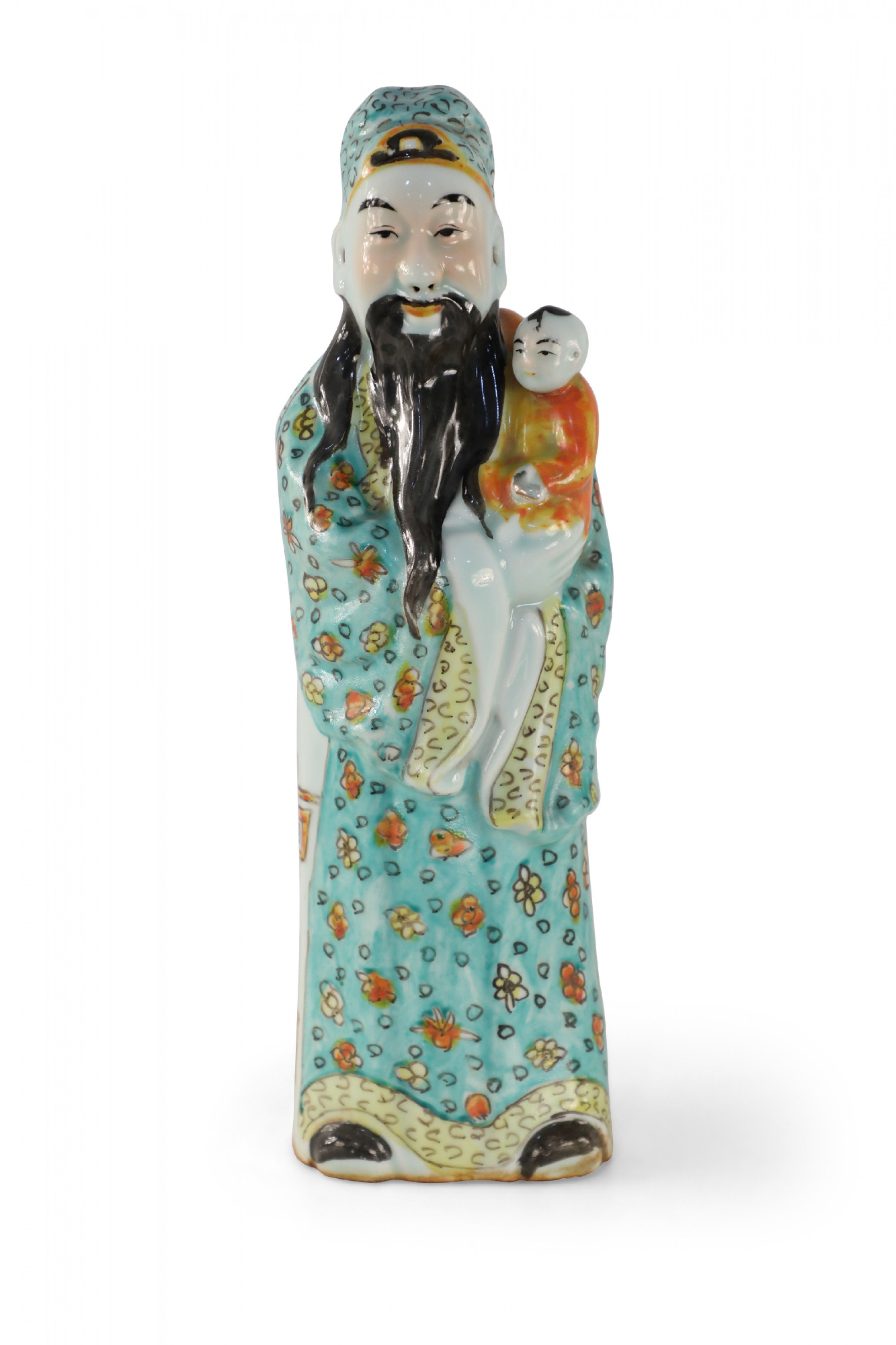 Chinese Green and Orange Lu Xing Wealth and Prosperity Deific Porcelain Figurine