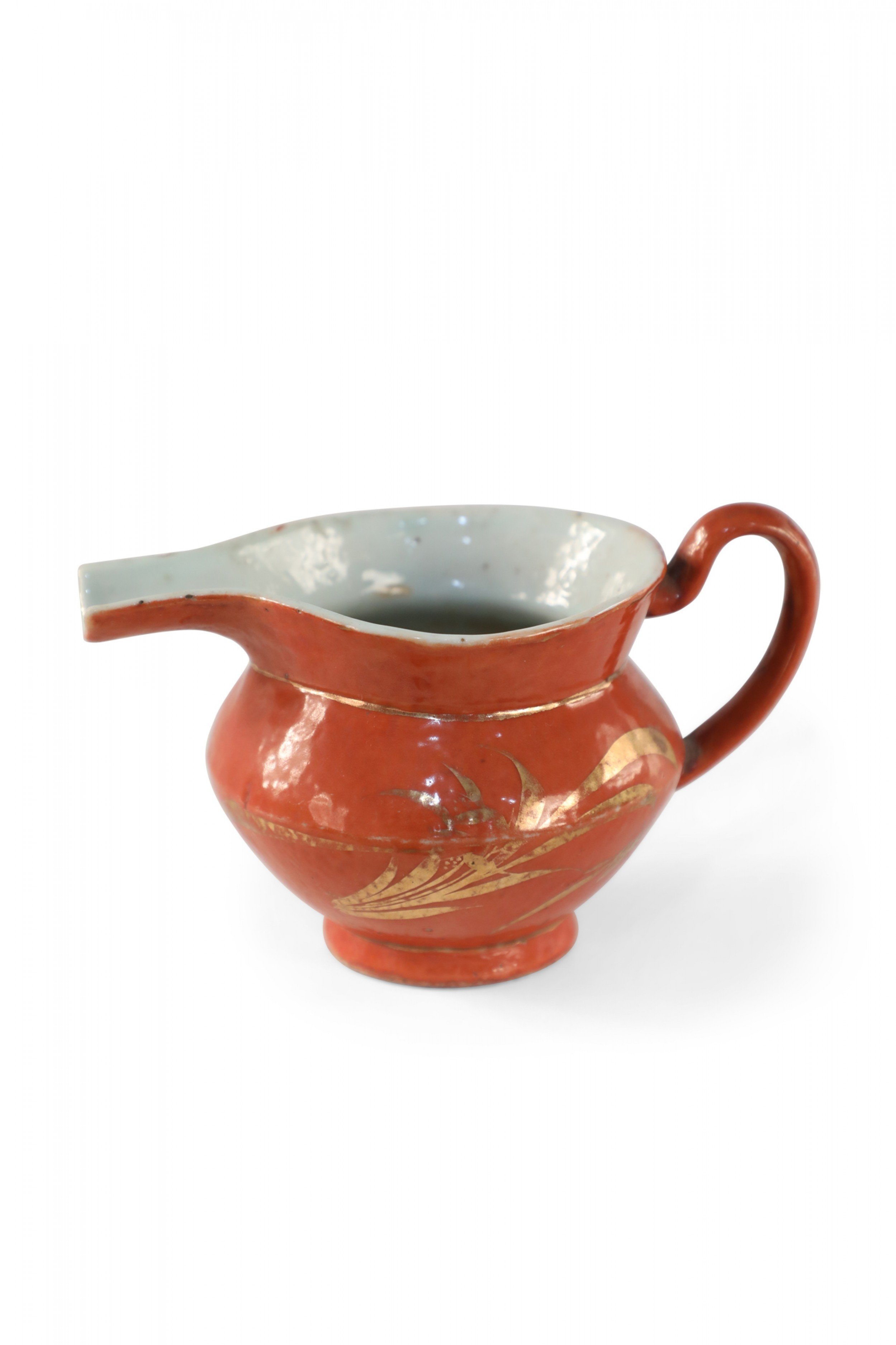 Chinese Orange and Gold Botanical Porcelain Pitcher