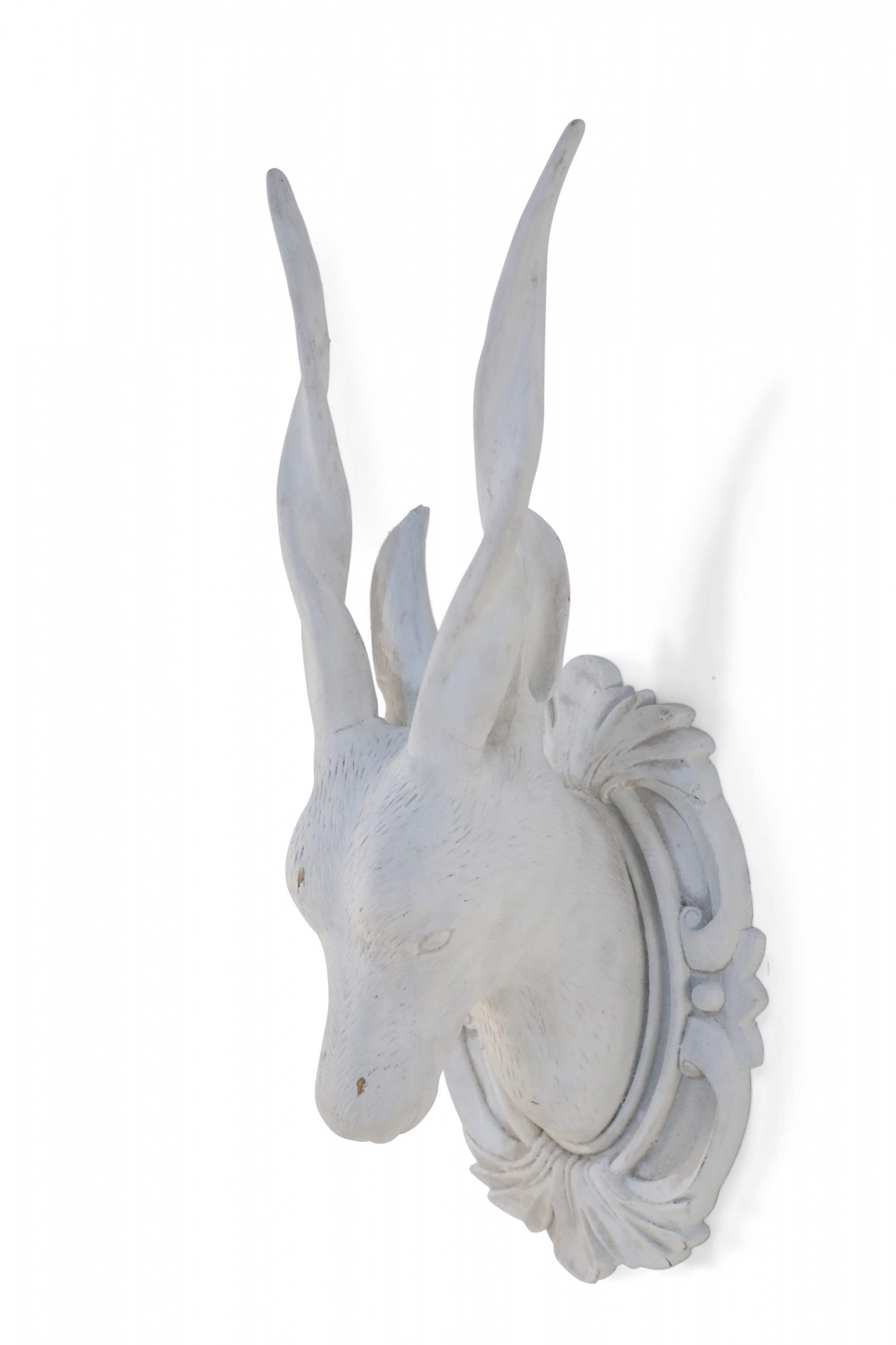 Chinese White Gesso Horned Antelope Head Wall Plaque 