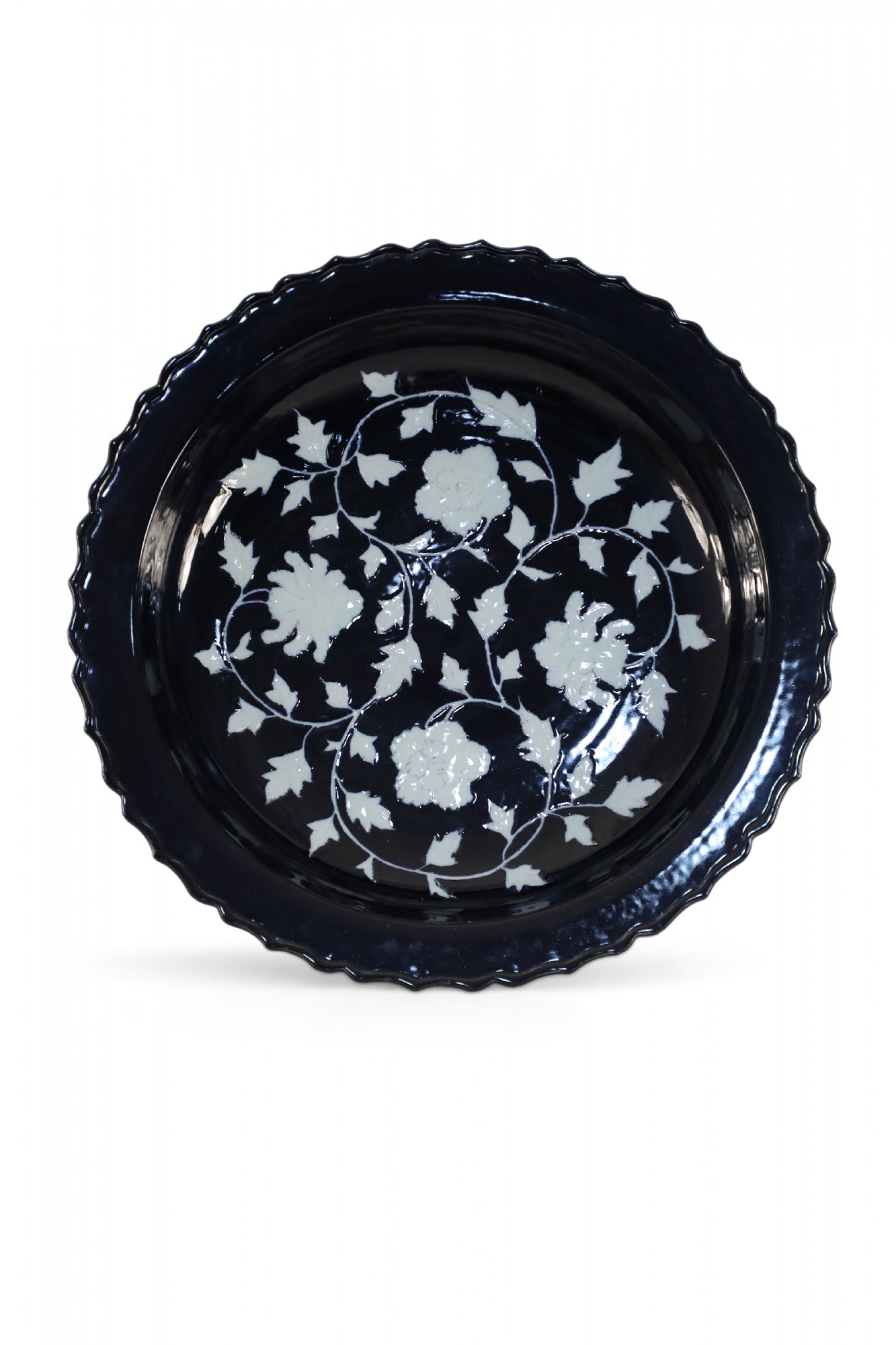 Chinese Dark Blue and White Peony Flower Design Scalloped Porcelain Centerpiece Bowl