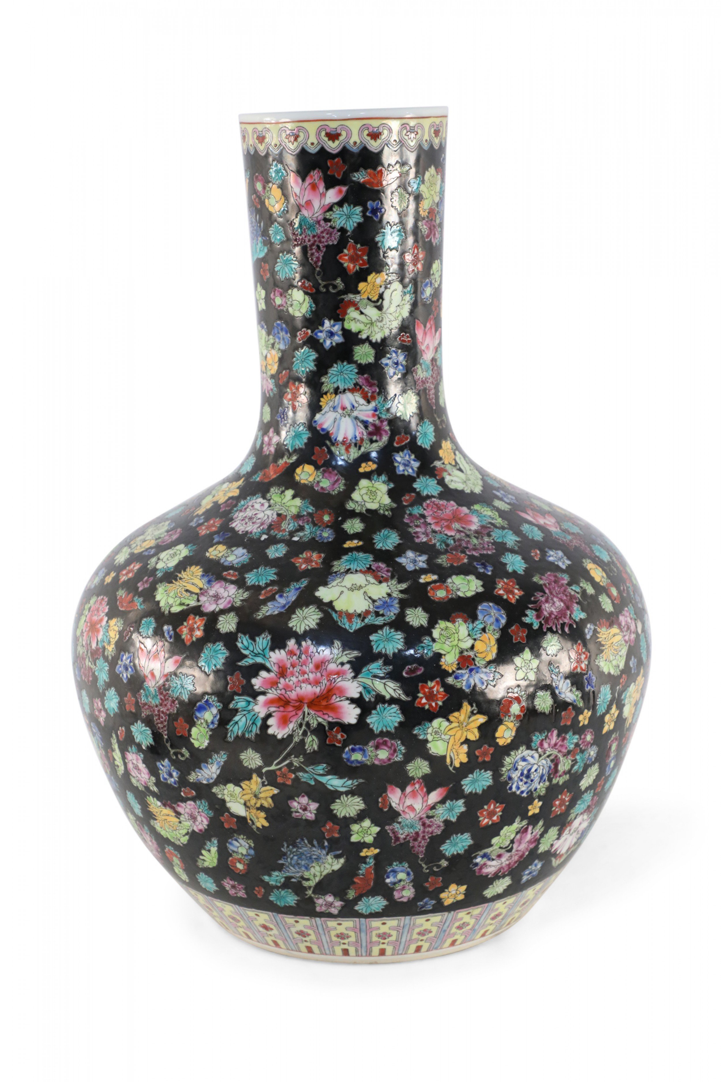 Chinese Black and Multicolor Floral Porcelain Vase