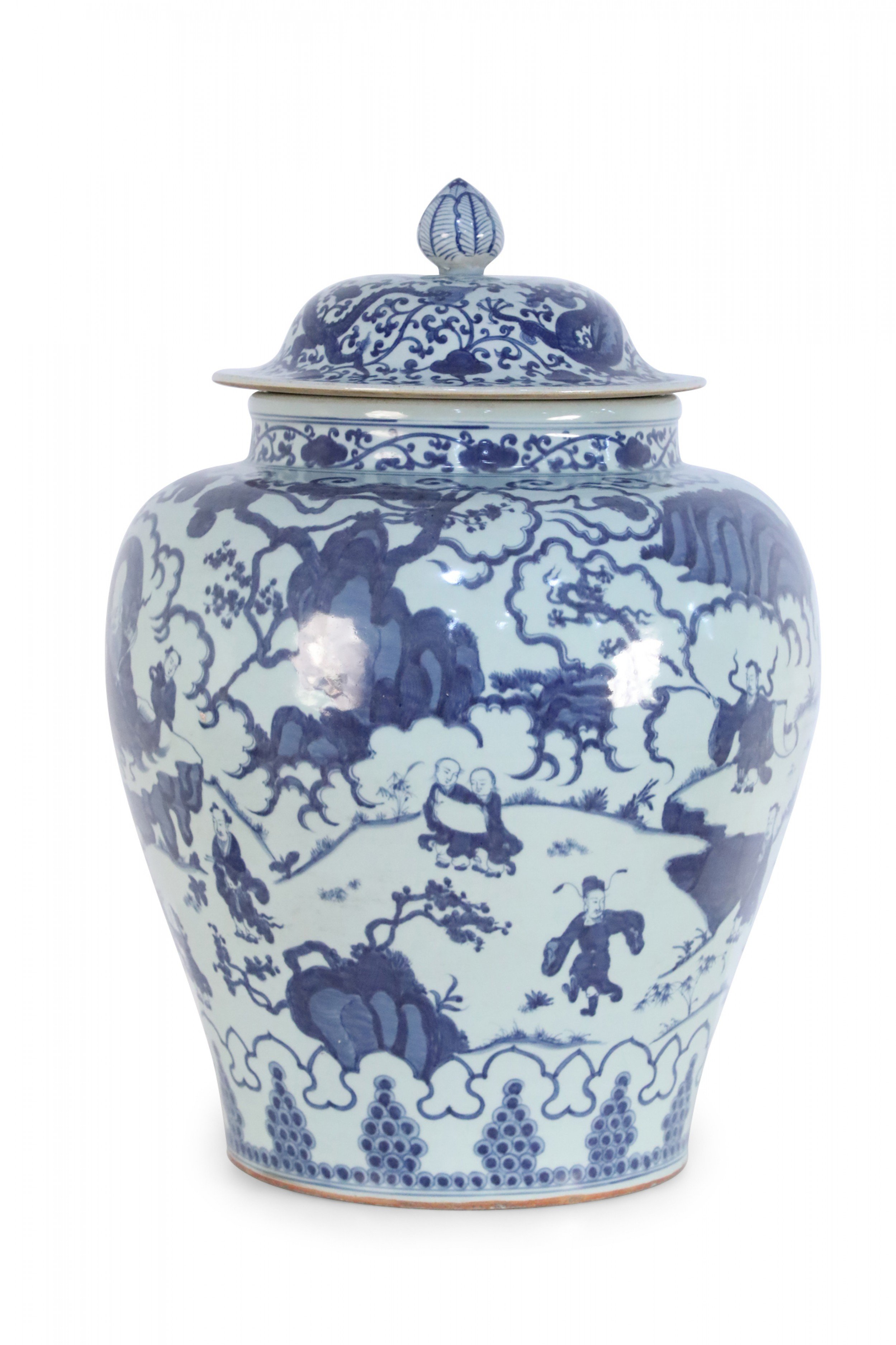 Chinese White and Blue Figurative Porcelain Ginger Jar
