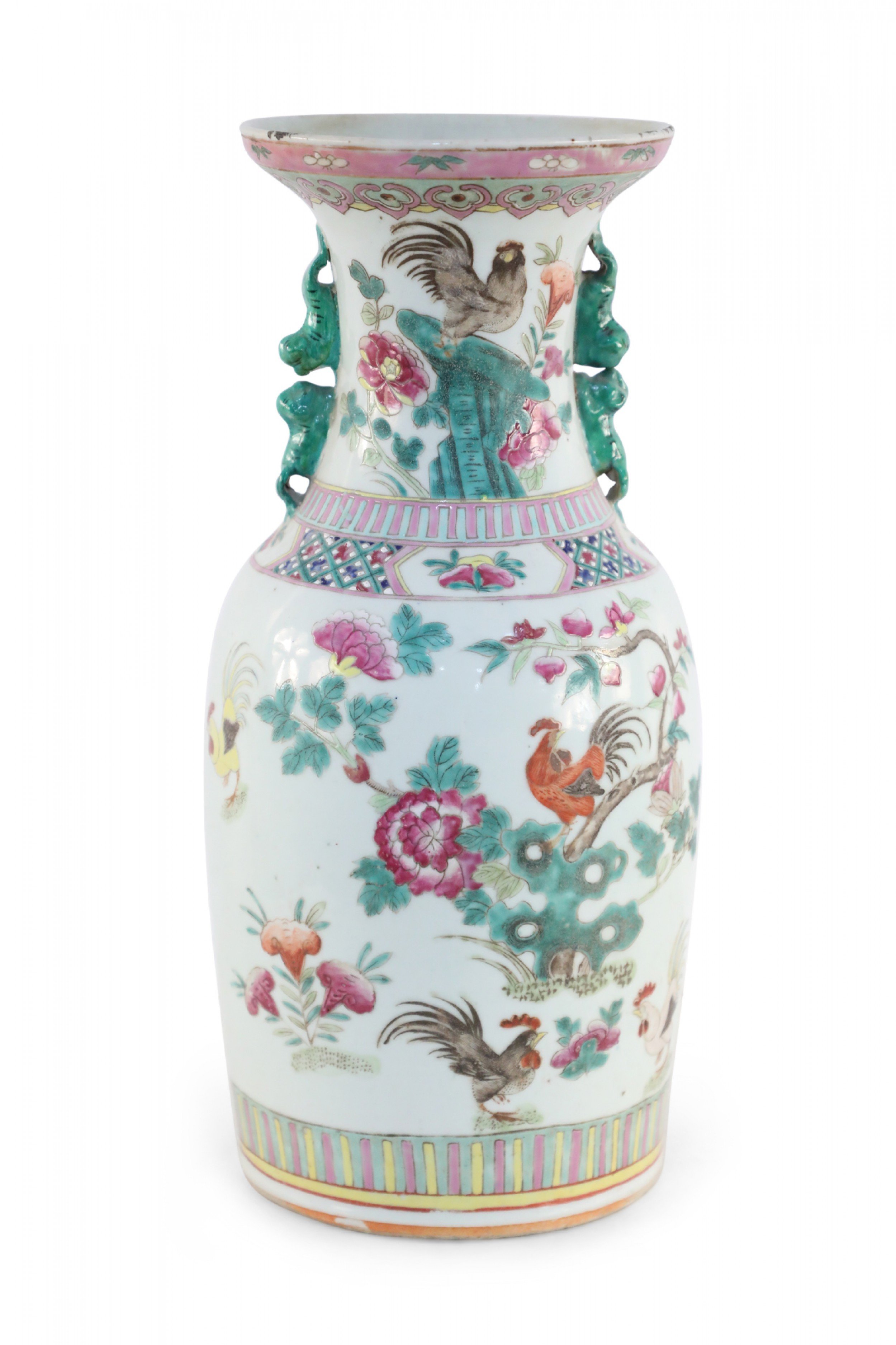 Chinese White, Green and Pink Floral and Rooster Design Porcelain Urn