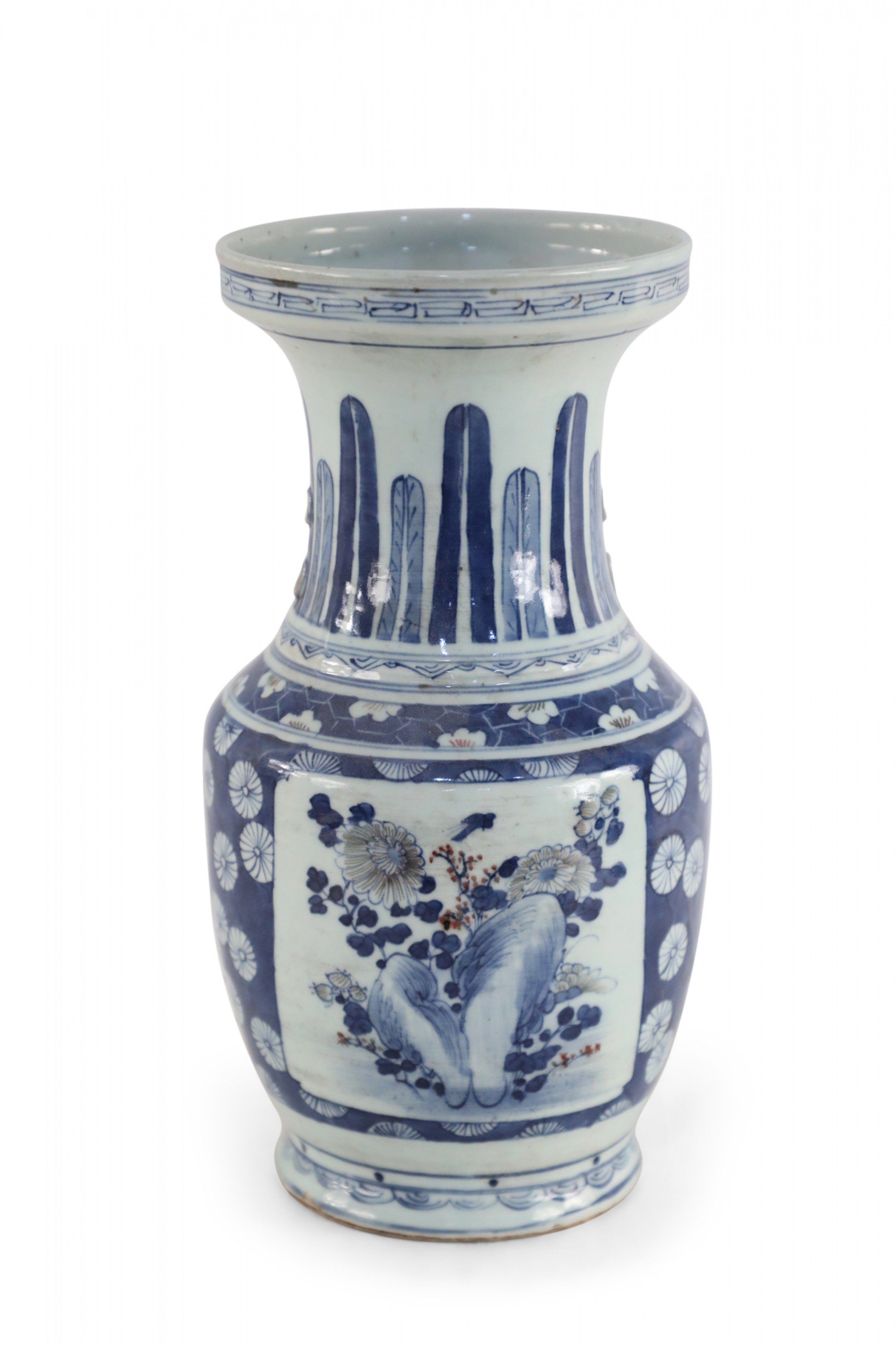 Chinese White and Blue Floral and Feather Motif Porcelain Urn