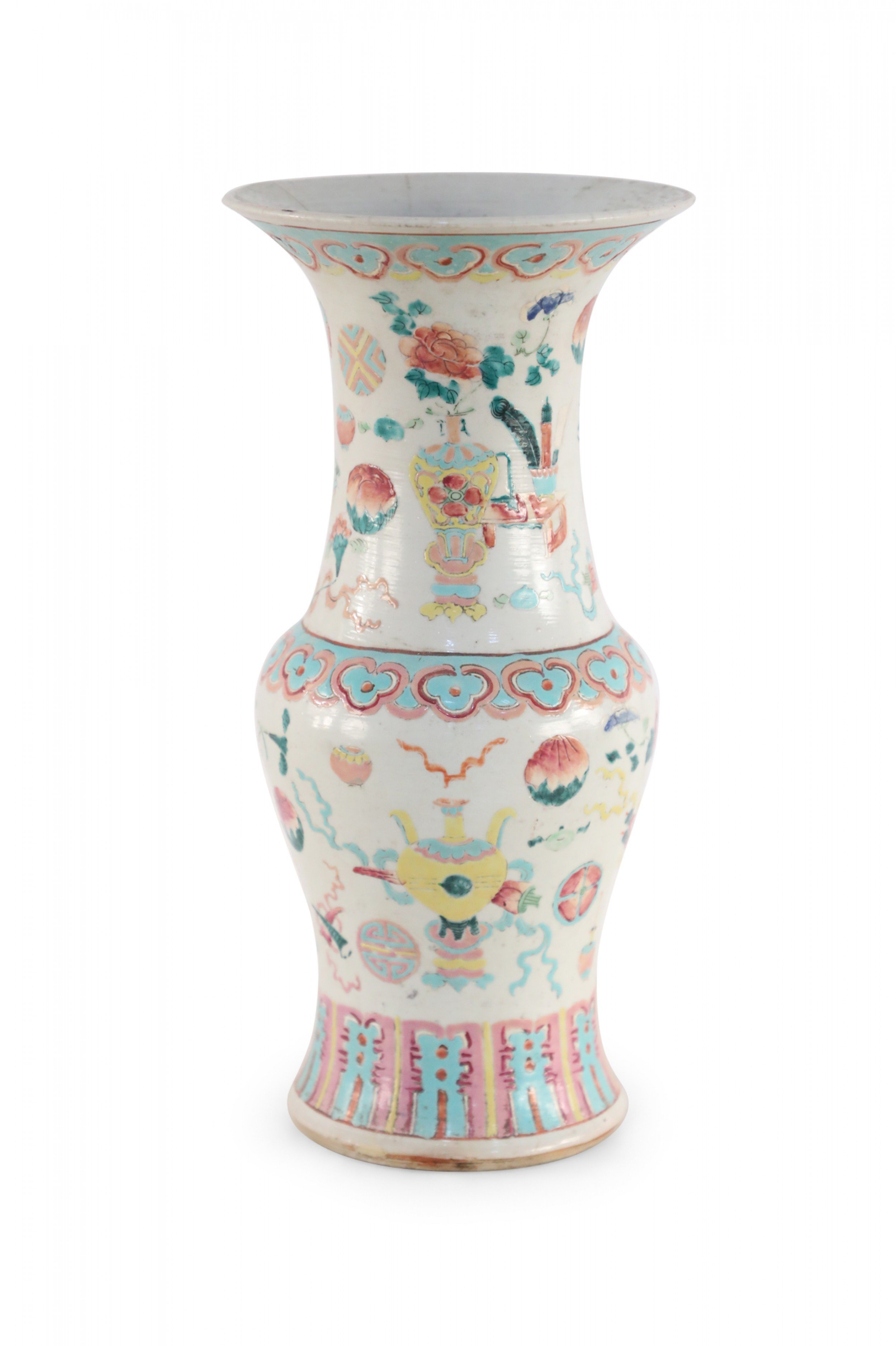 Chinese White and Pink, Blue and Yellow Bogu Pattern Porcelain Urn
