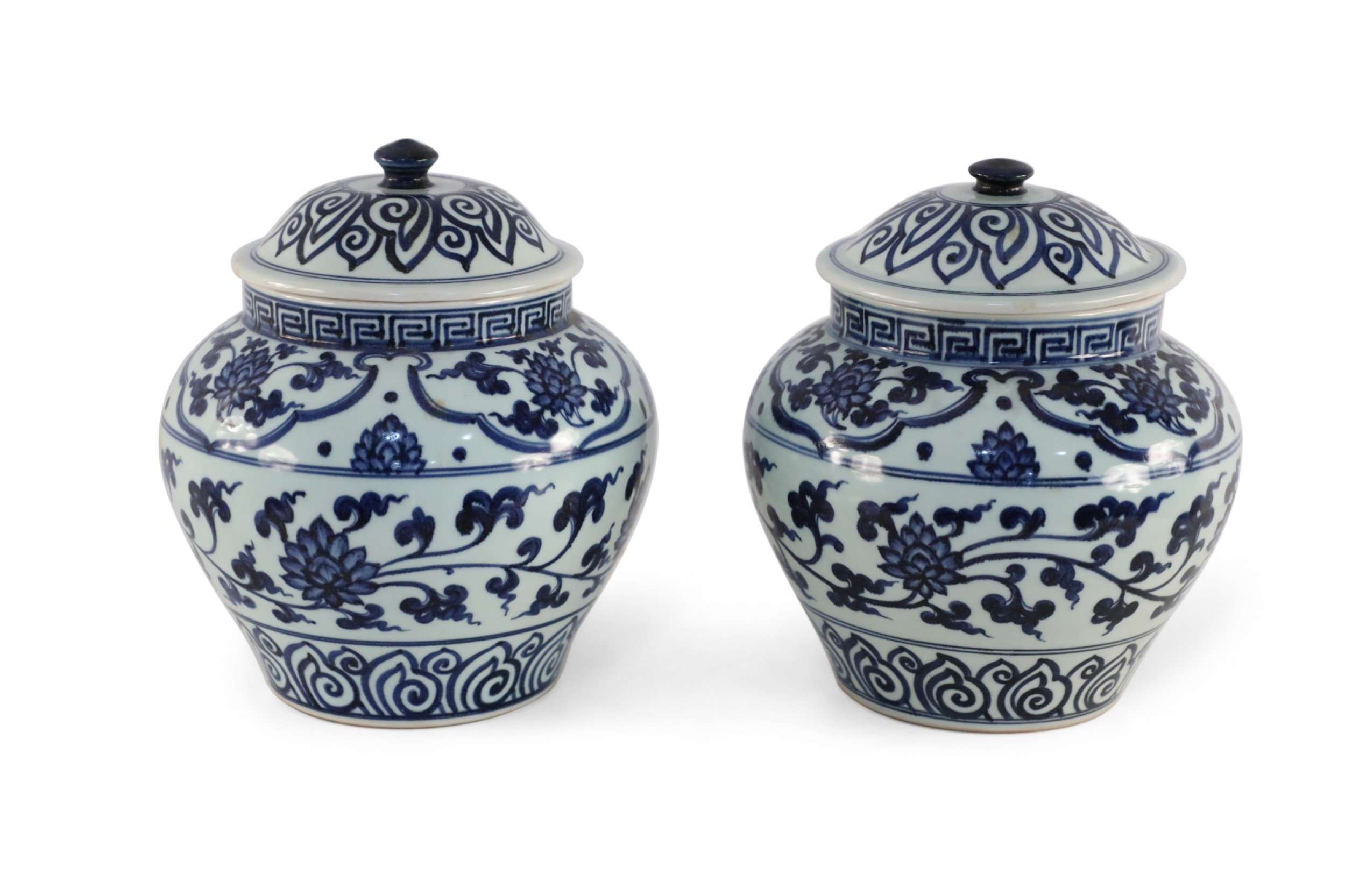Pair of White and Blue Pattern Lidded Porcelain Ginger Jars