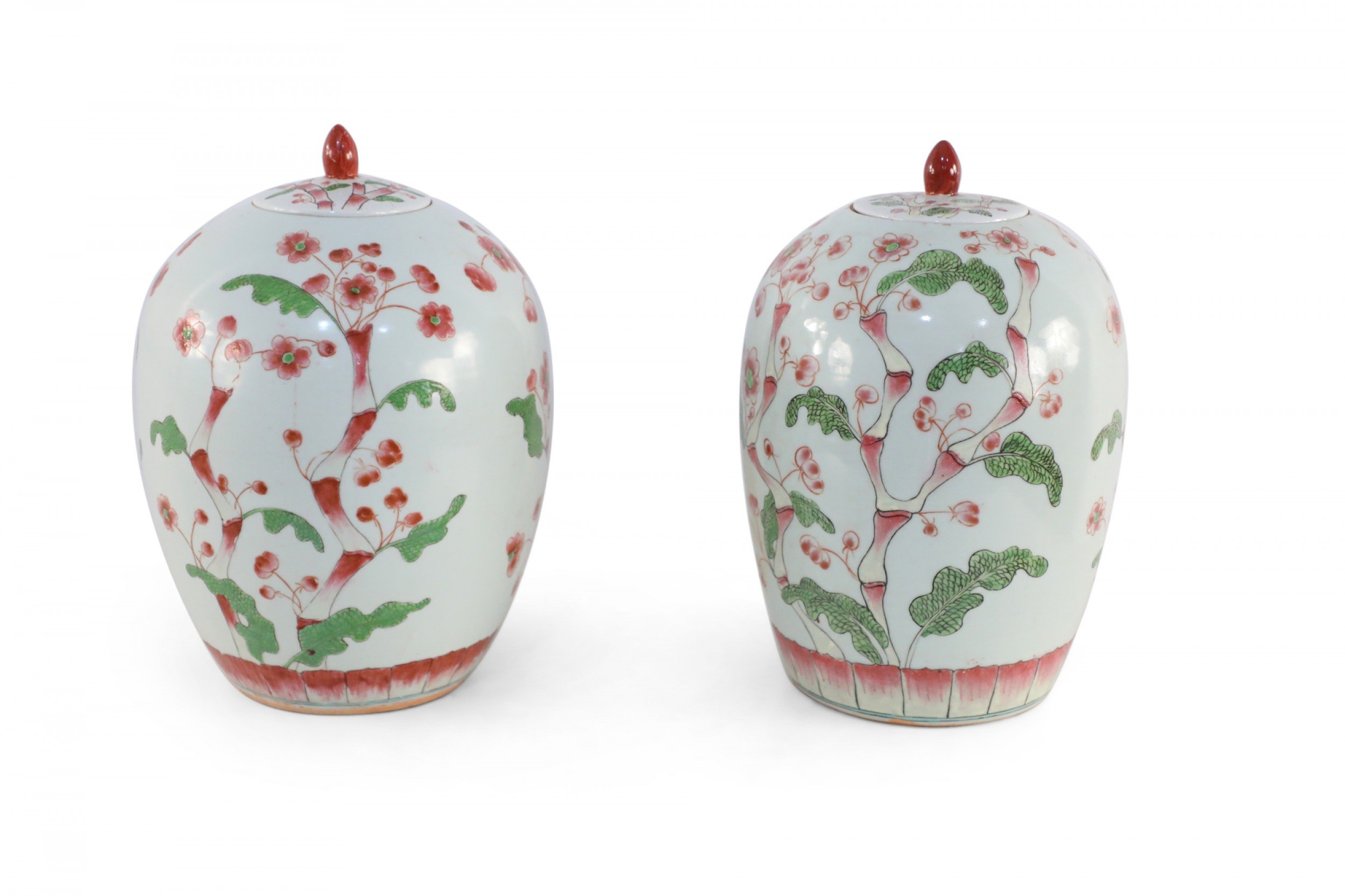 Pair of Chinese White and Pink Cherry Blossom Motif Lidded Porcelain Urns