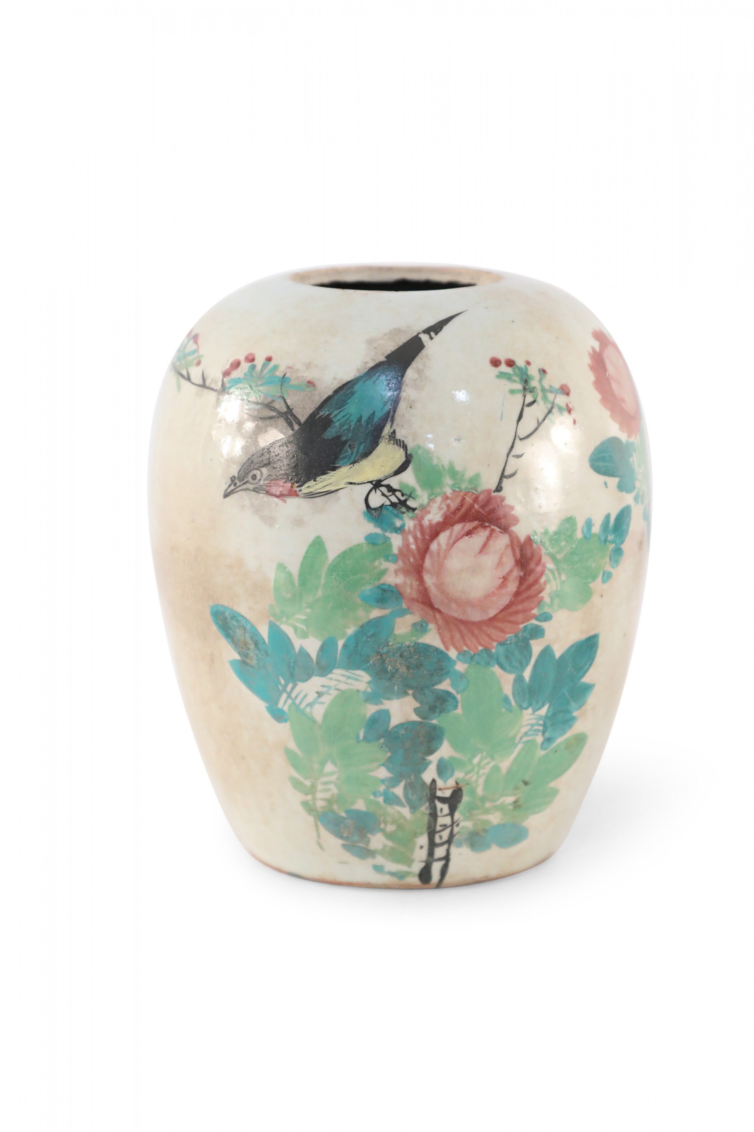 Chinese Beige and Green Botanical Motif Rounded Porcelain Vase