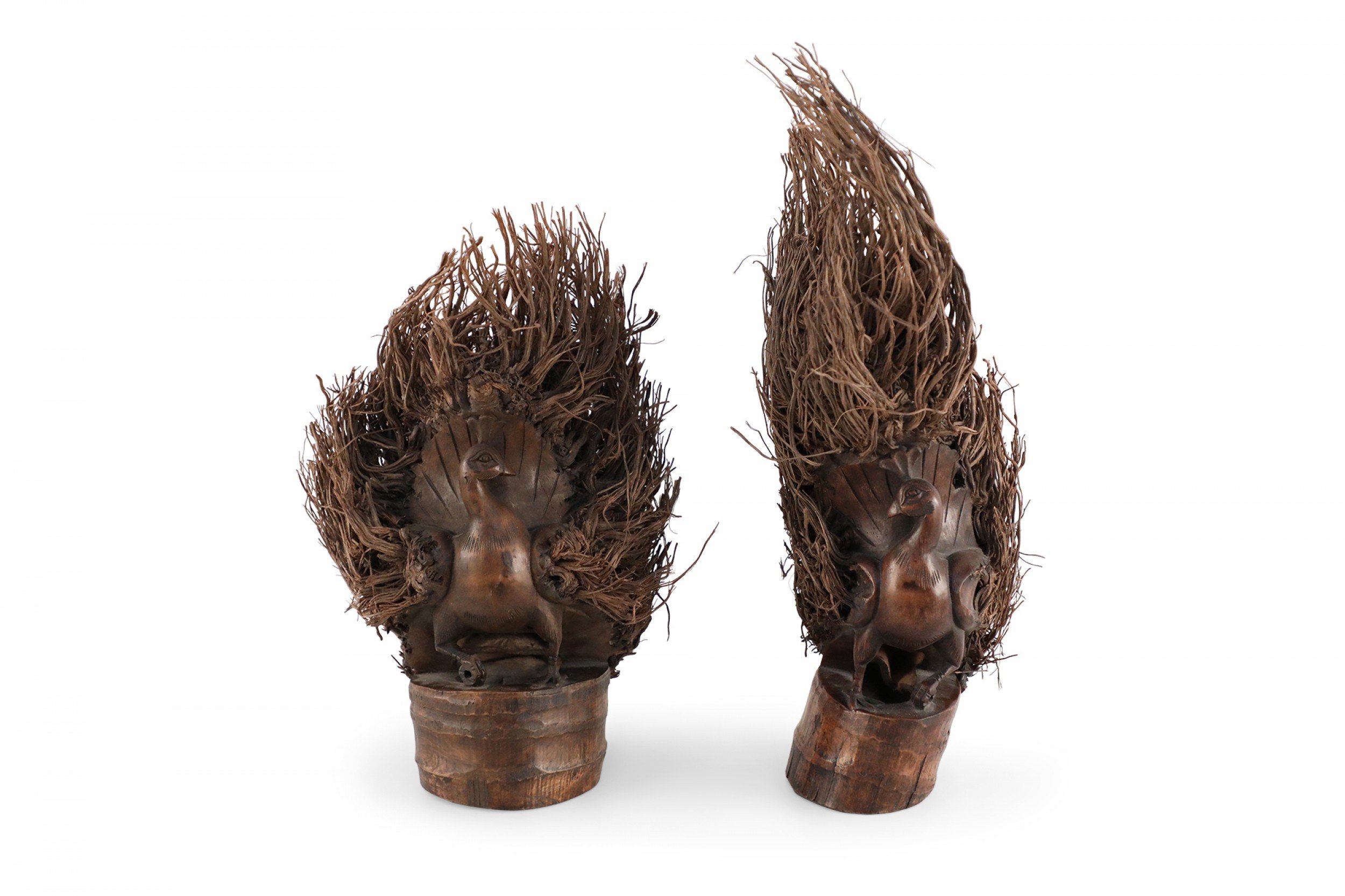 Pair of Chinese Bamboo Root Carved Peacock Sculptures