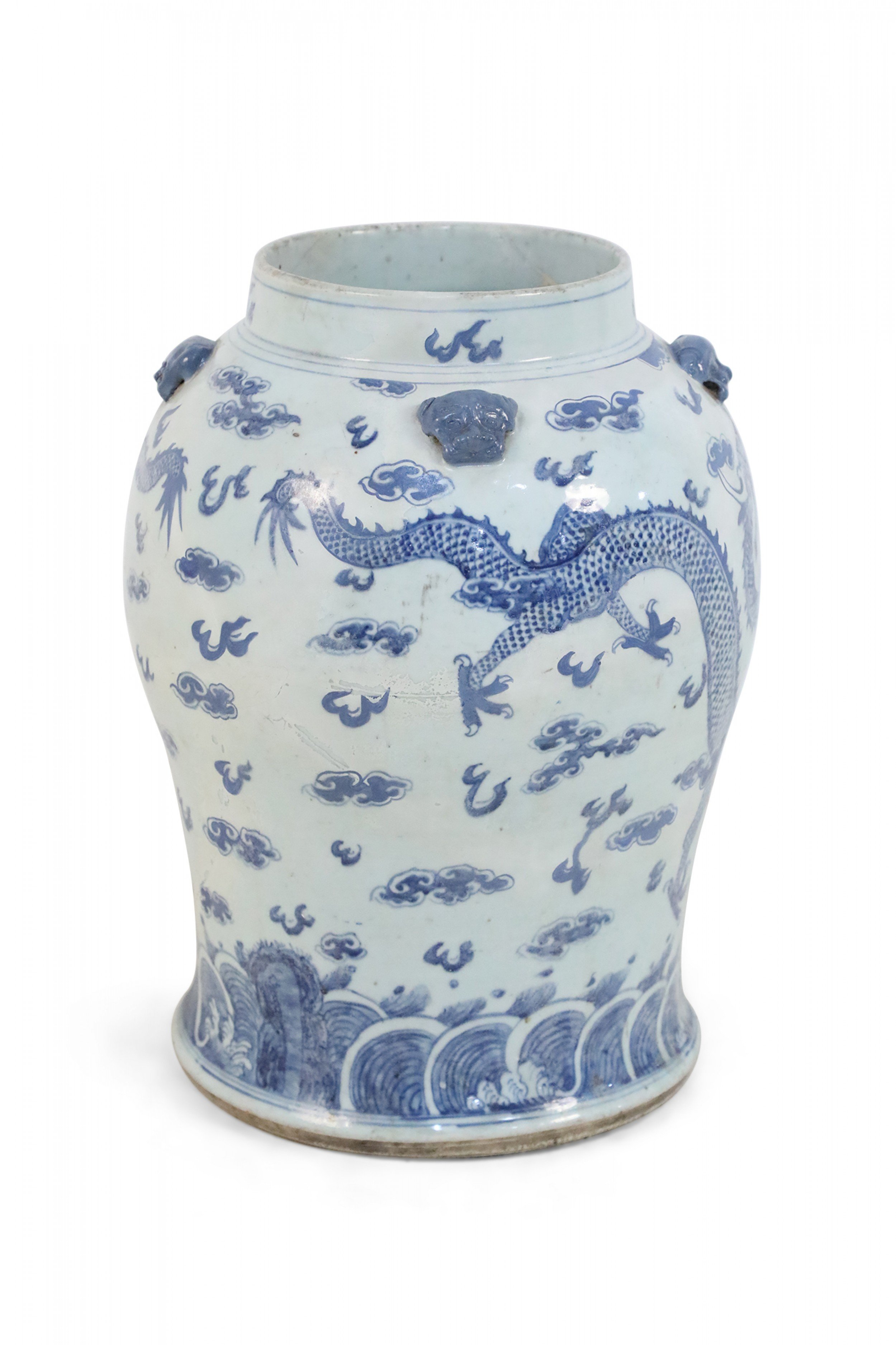 Chinese White and Blue Dragon Motif Porcelain Floor Urn