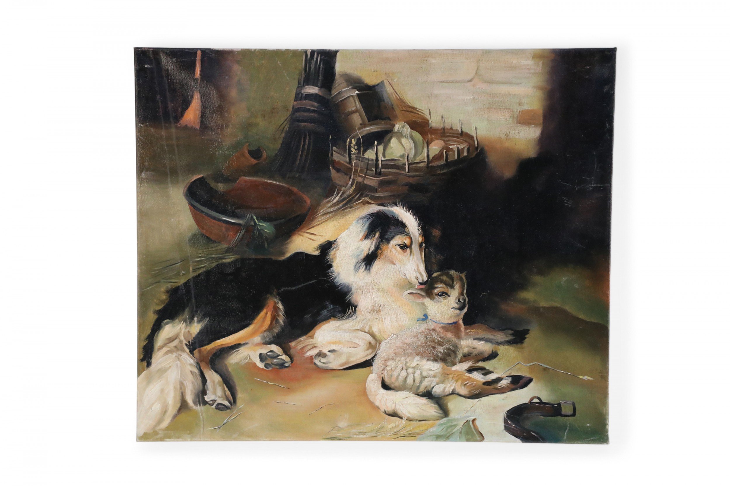 Vintage Dog and Lamb Oil Painting on Canvas
