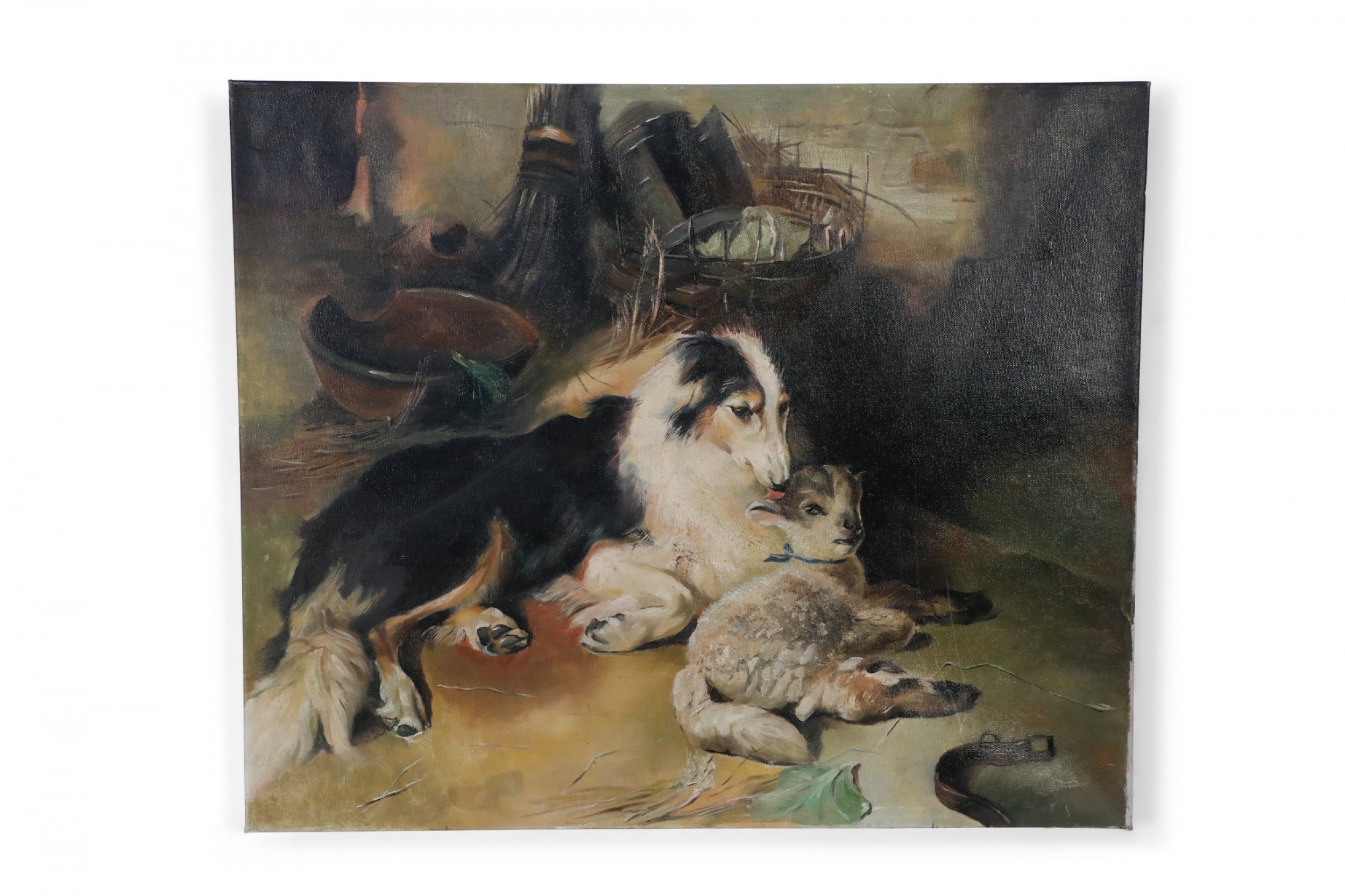 Vintage Dog and Lamb Oil Painting on Canvas 1