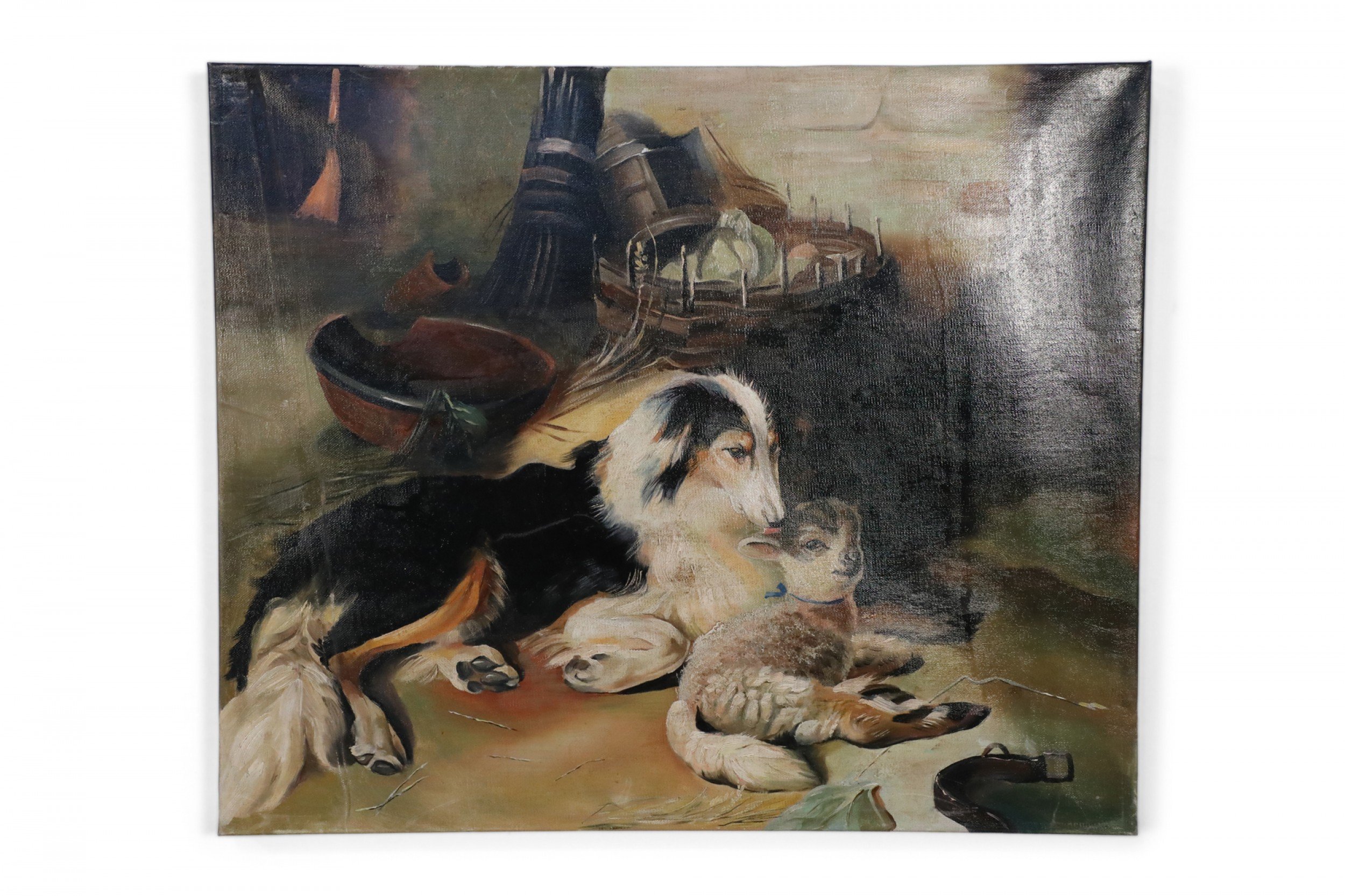 Vintage Dog and Lamb Oil Painting on Canvas 2