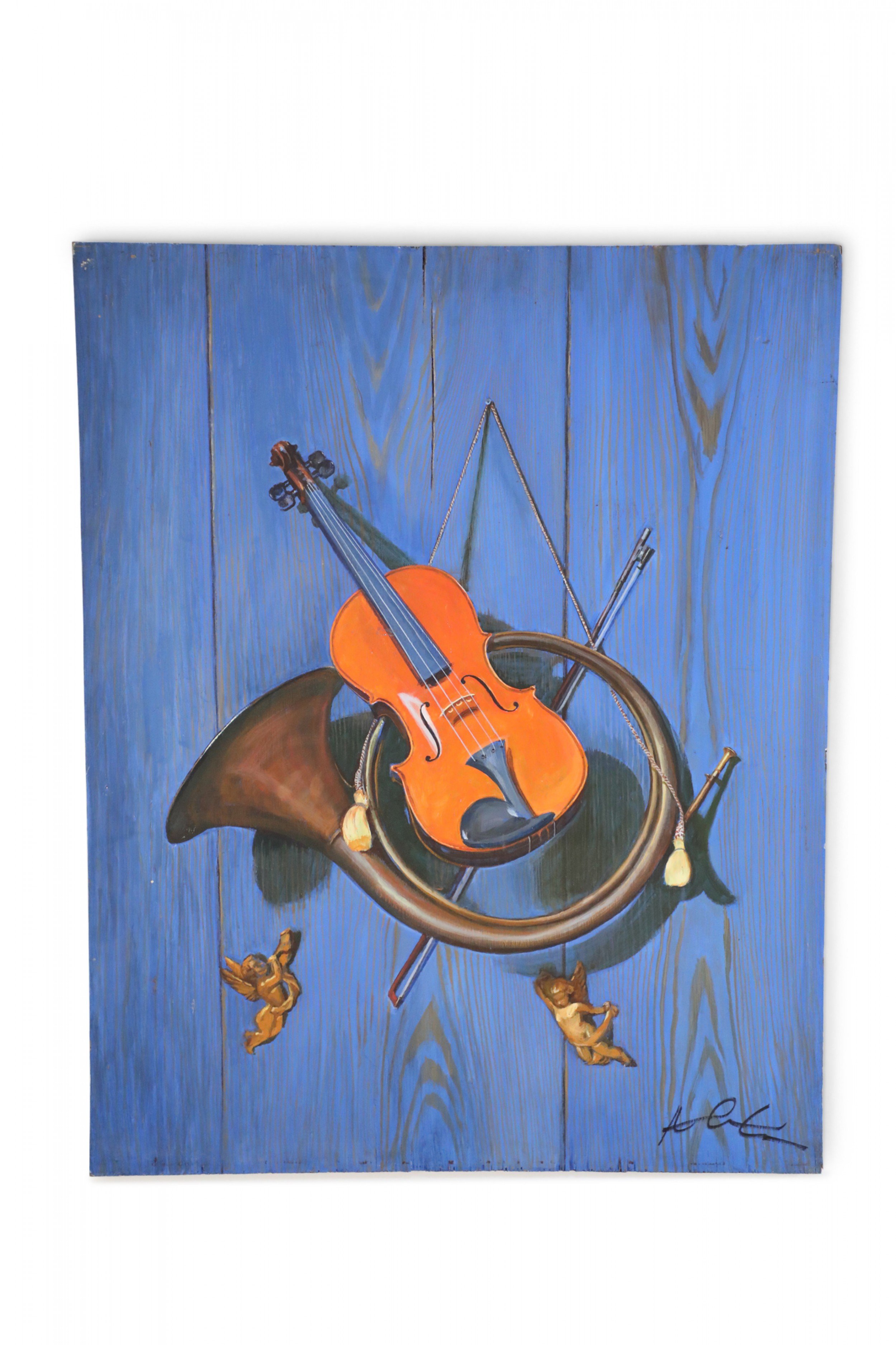 Vintage Brass Horn and Violin Still Life Painting