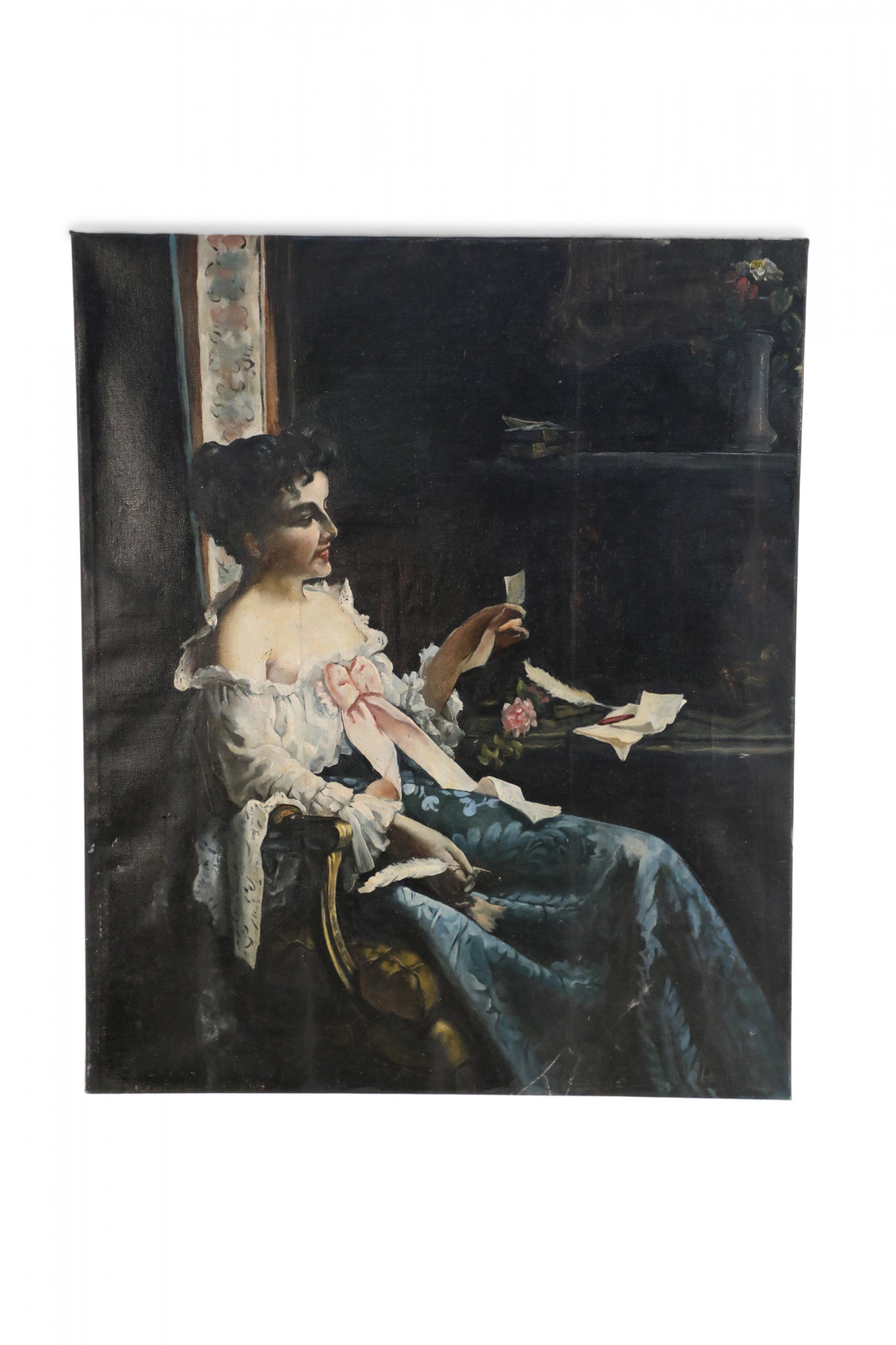 Vintage Victorian Woman at Desk Oil Painting