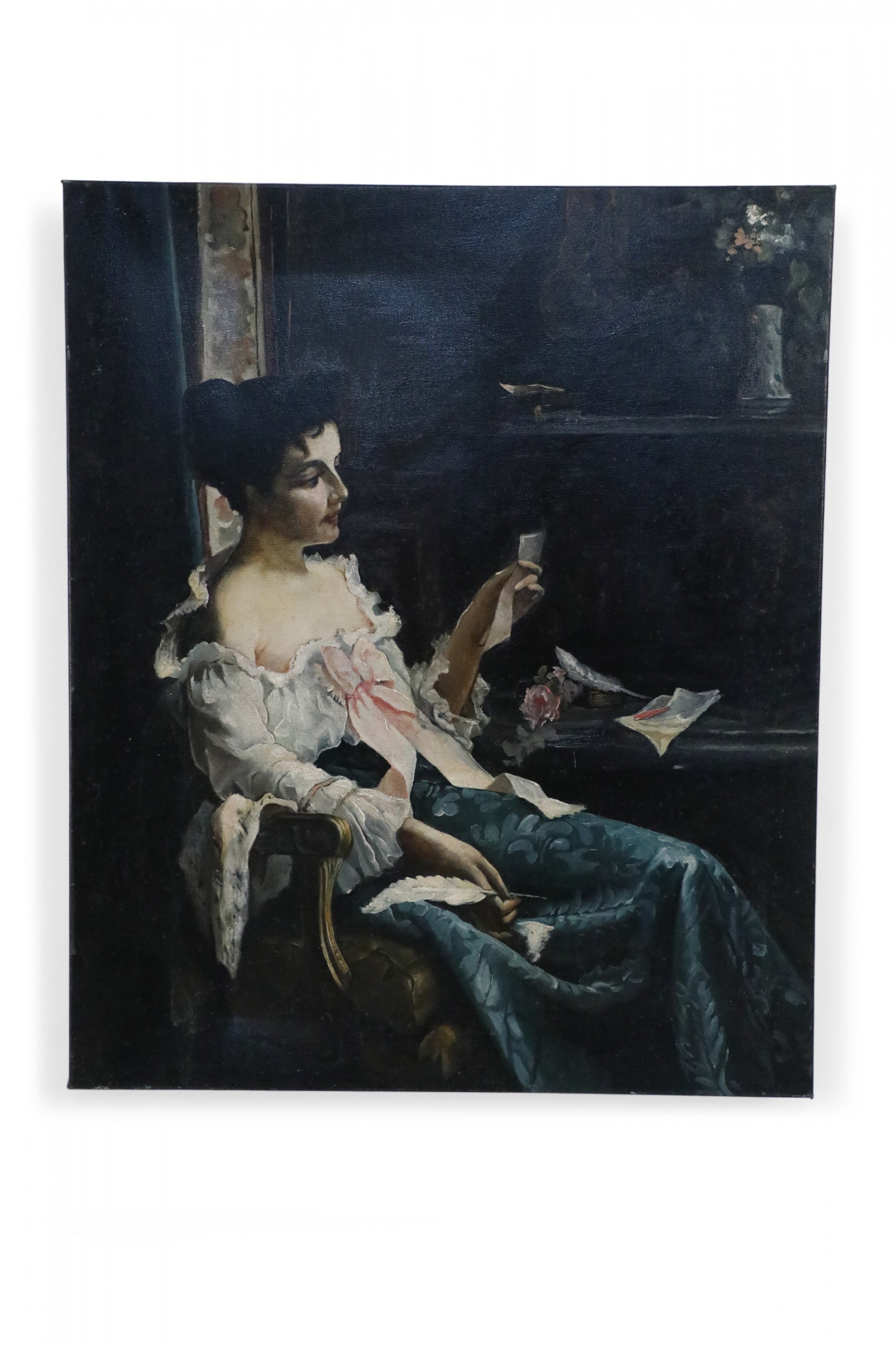 Vintage Victorian Woman at Desk Oil Painting 1