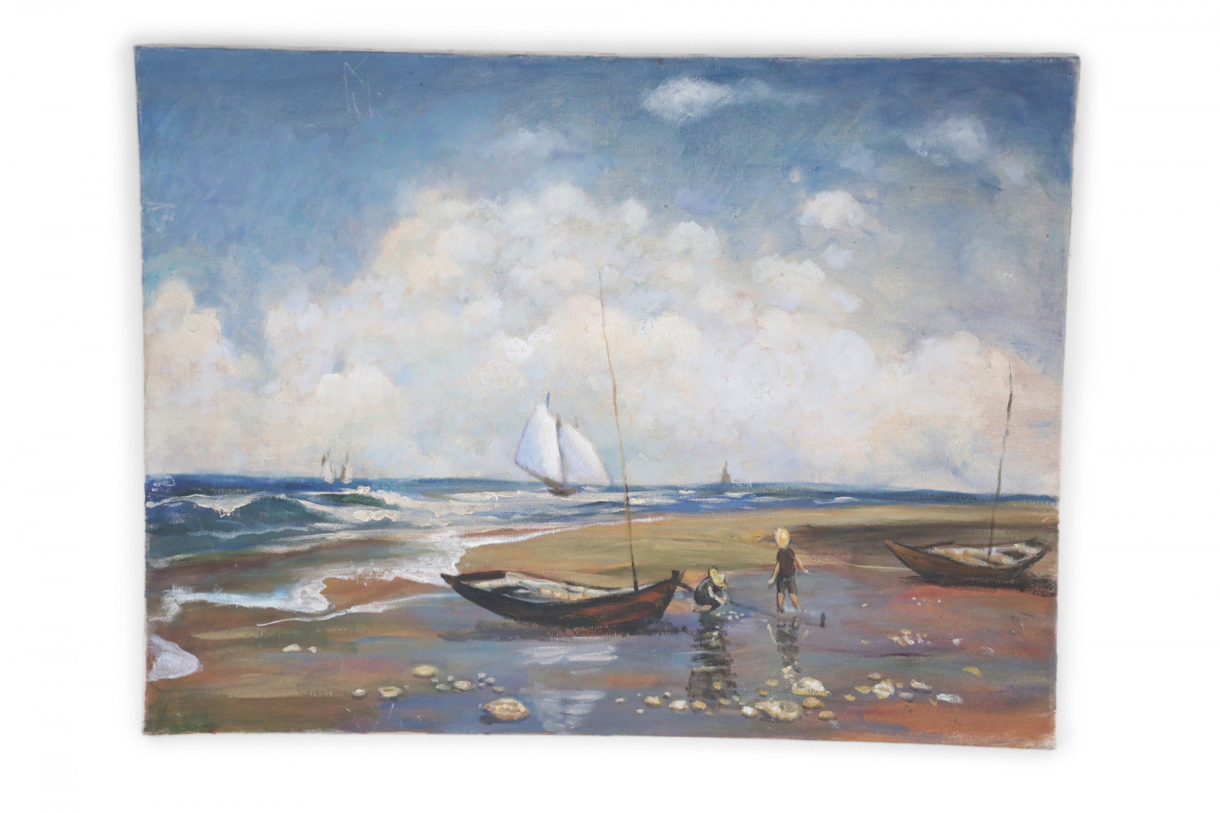 Fishermen and Sailboats Seascape Oil Painting