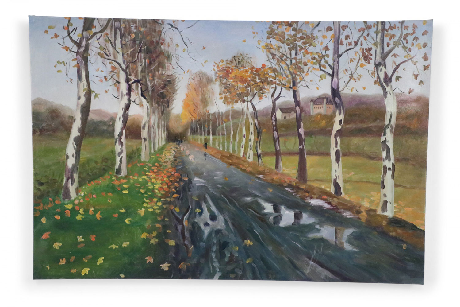 Birch Tree Lined Road and Landscape Painting