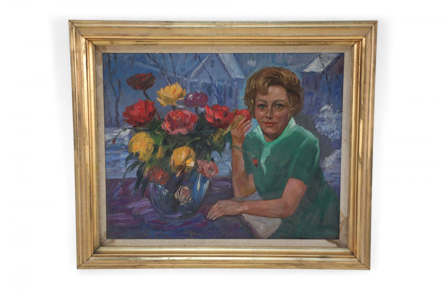 Framed Portrait of Woman in Green with Flowers Oil Painting