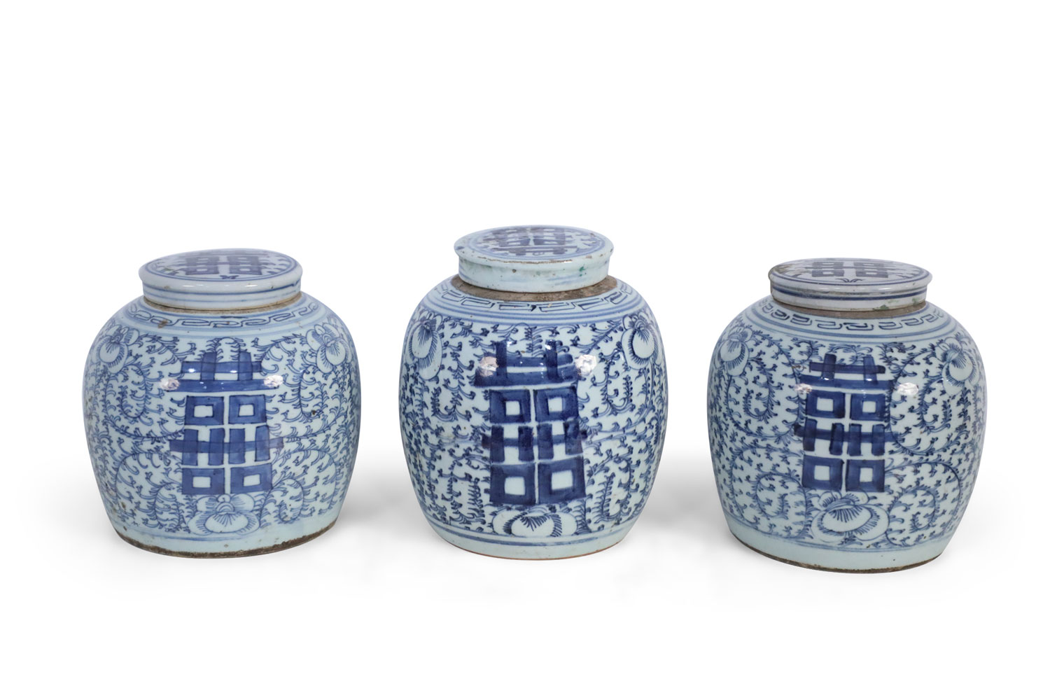 Chinese white and blue character lidded ginger jar vases