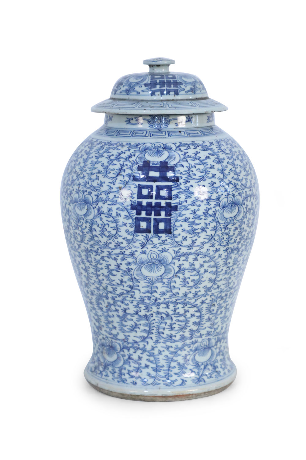 Chinese white and blue character and floral lidded ginger jar