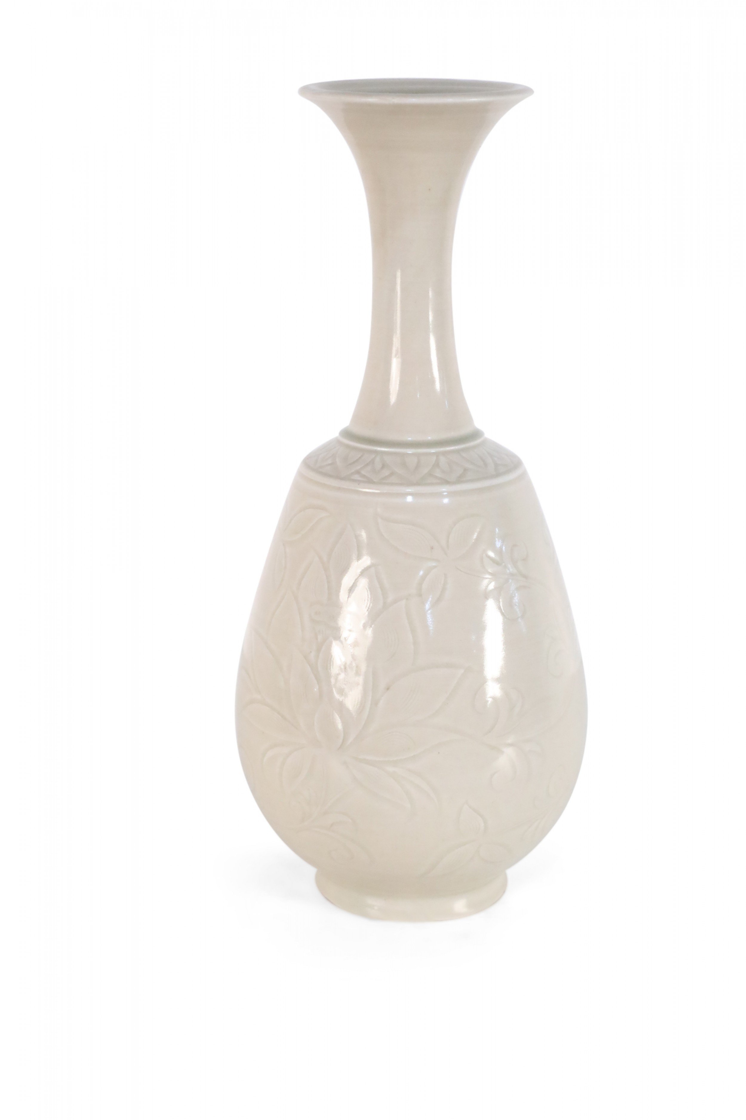 Chinese Beige Carved Floral Pattern Porcelain Vase