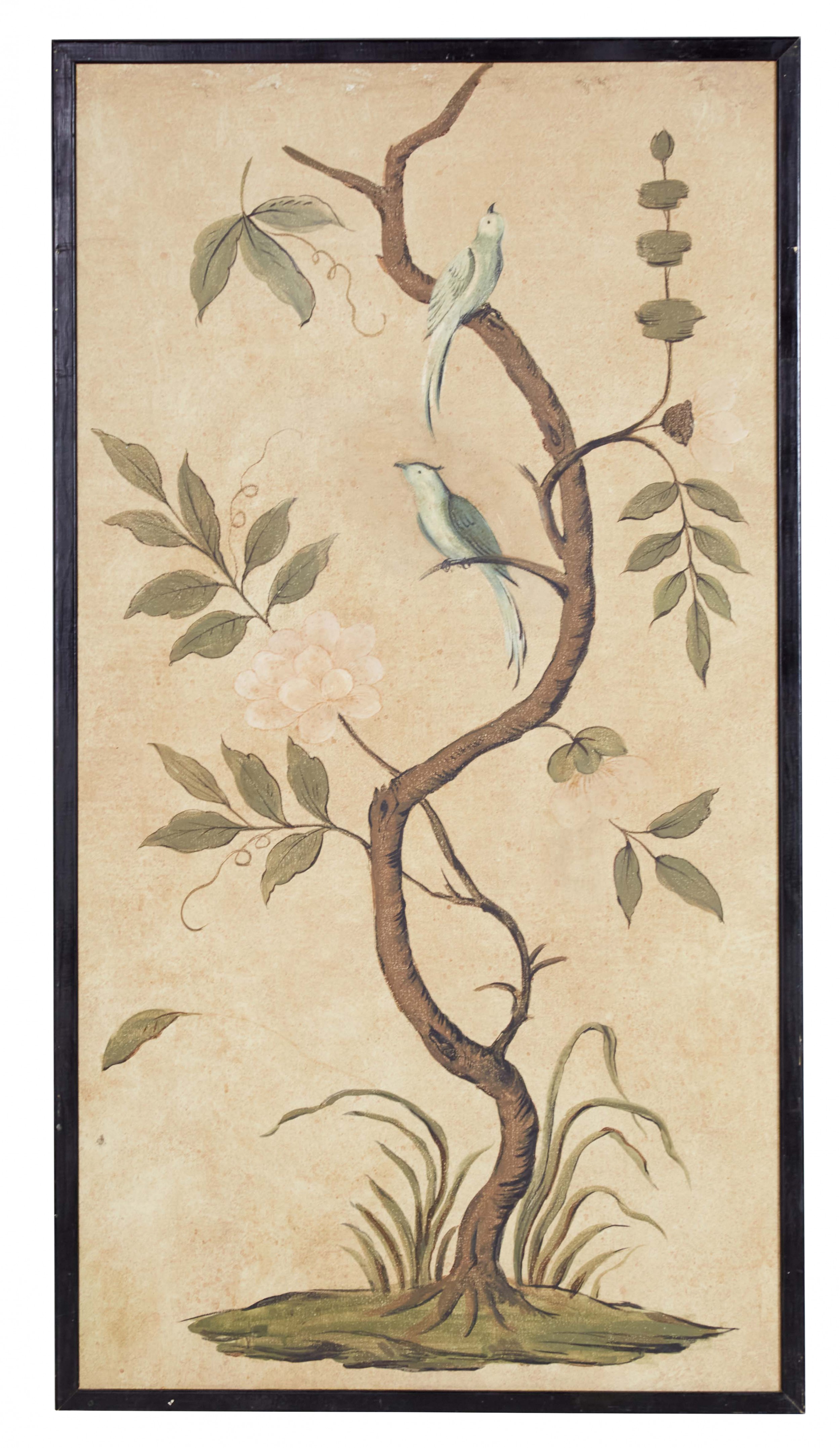Framed Wooden Panel Birds on a Flowering Tree Painting