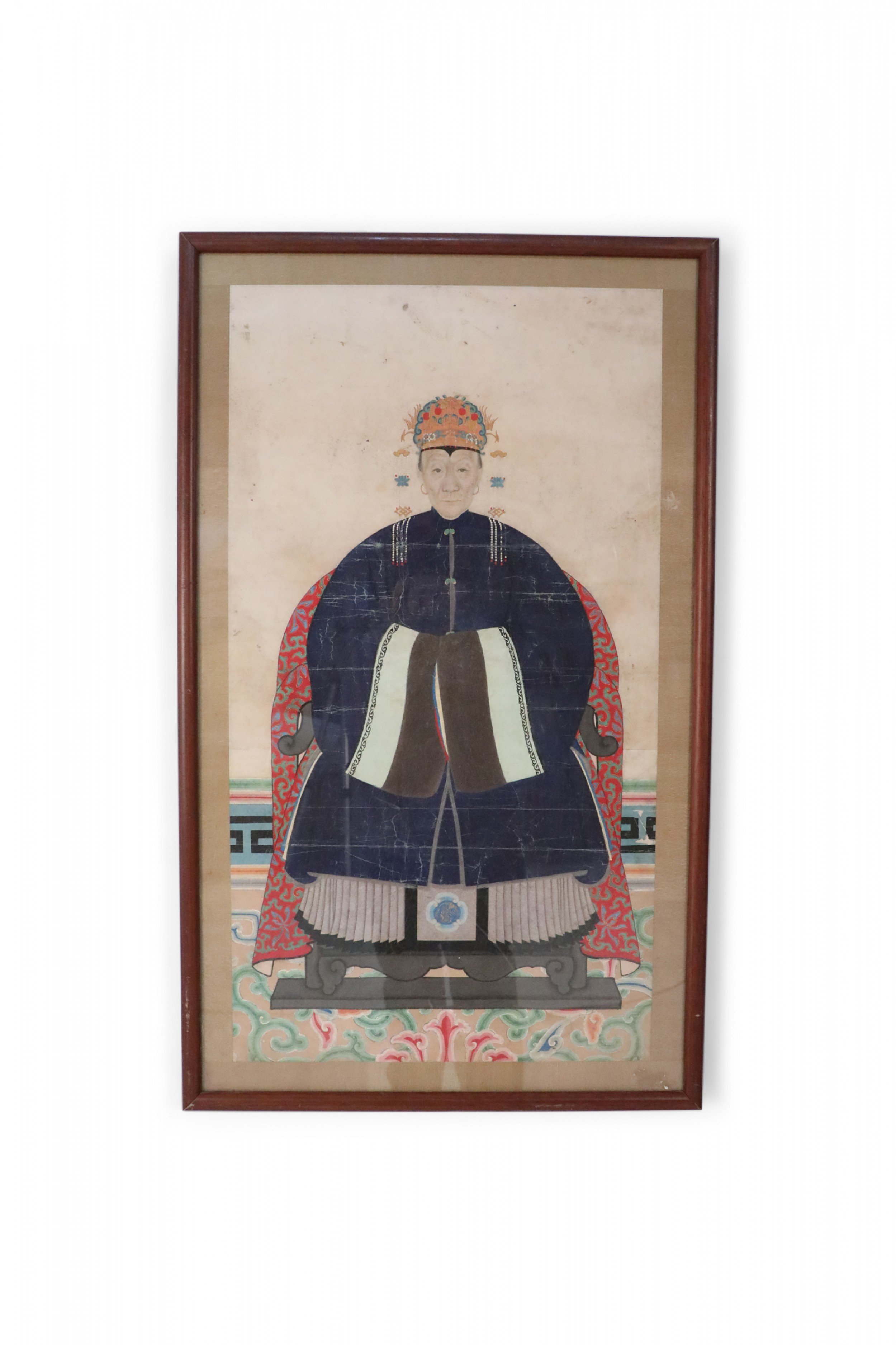 Chinese Pen and Ink Ancestor in Navy Robes Portrait