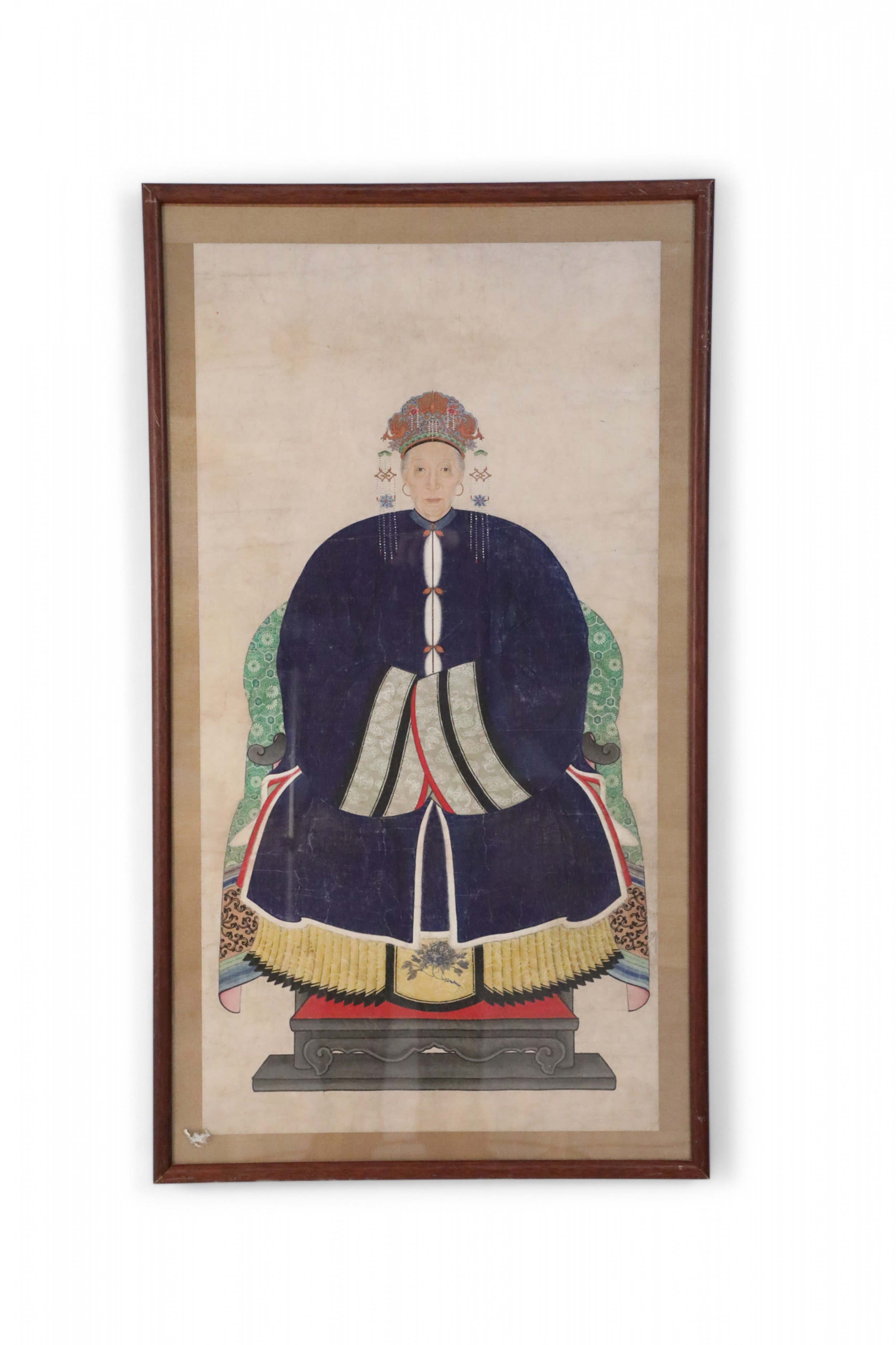 Chinese Pen and Ink Ancestor Portrait in Navy Dress