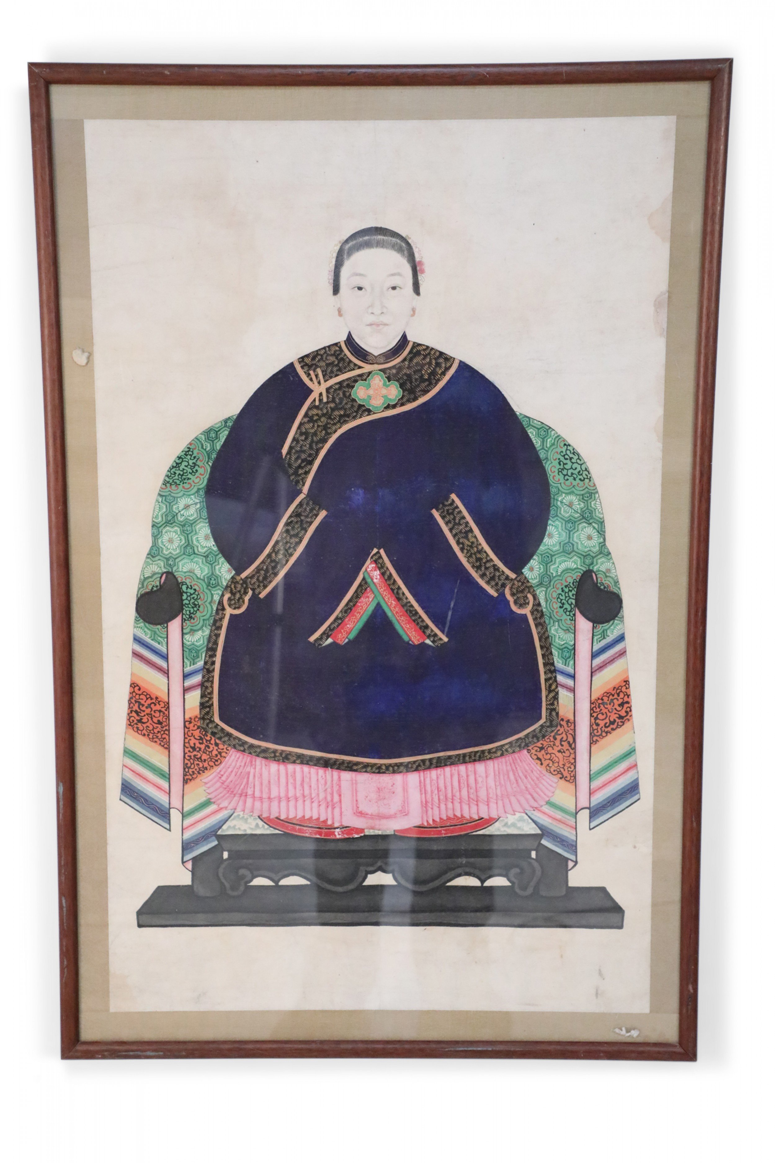 Chinese Pen and Ink Ancestor Portrait in Navy