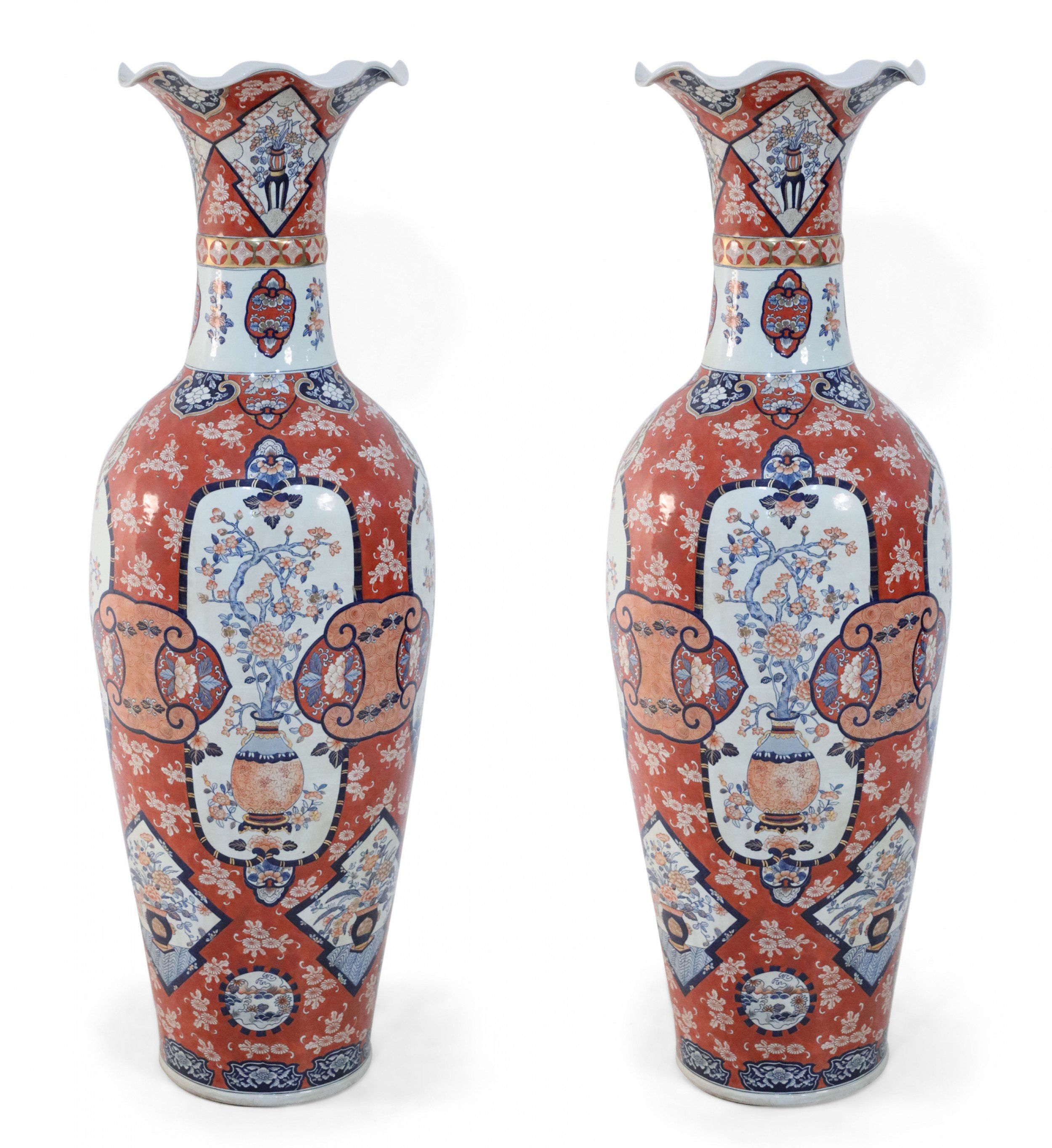 Pair of Chinese Monumental Imari Style Monumental Orange Porcelain Vases