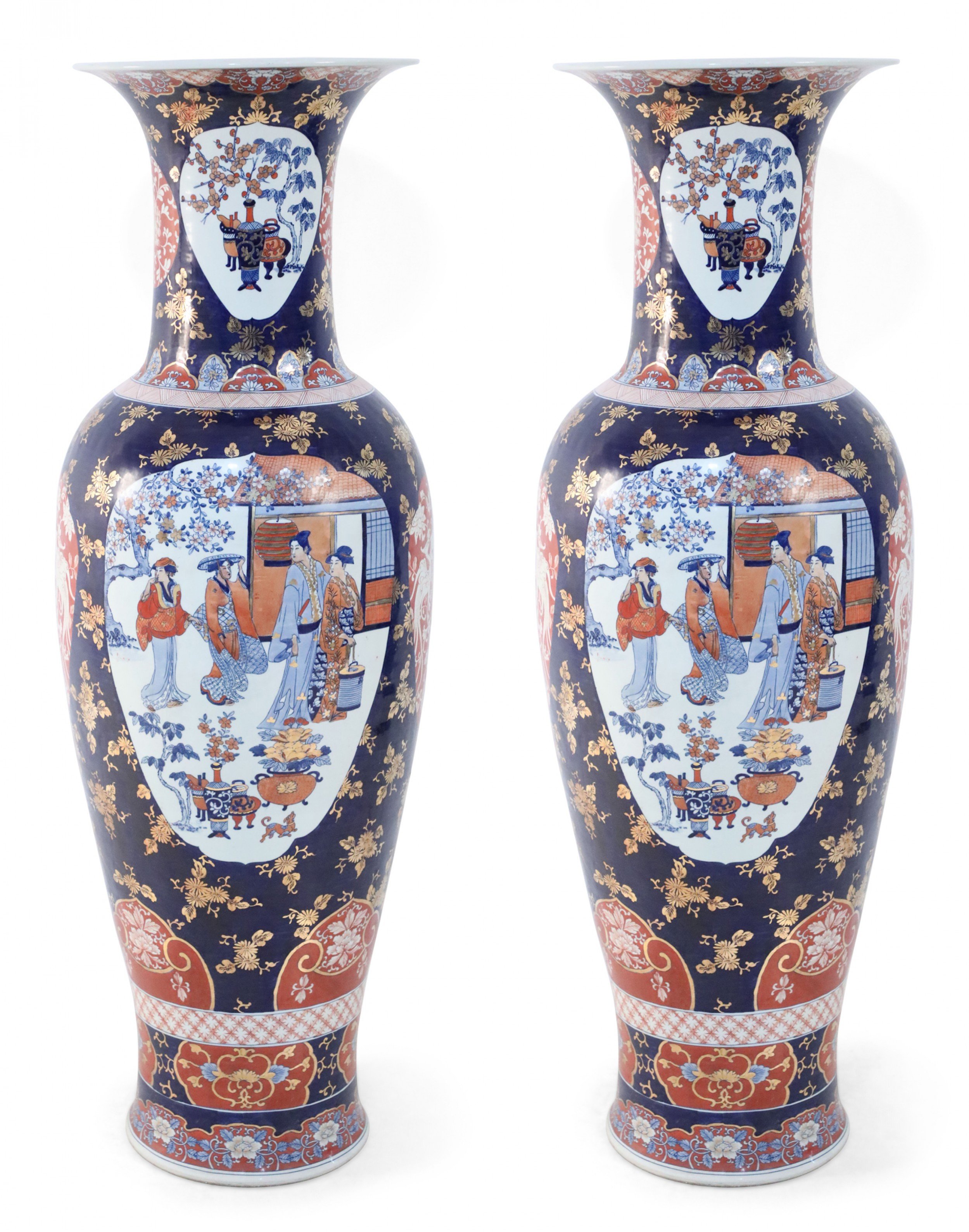 Pair of Chinese Monumental Imari Style Blue Porcelain Urns