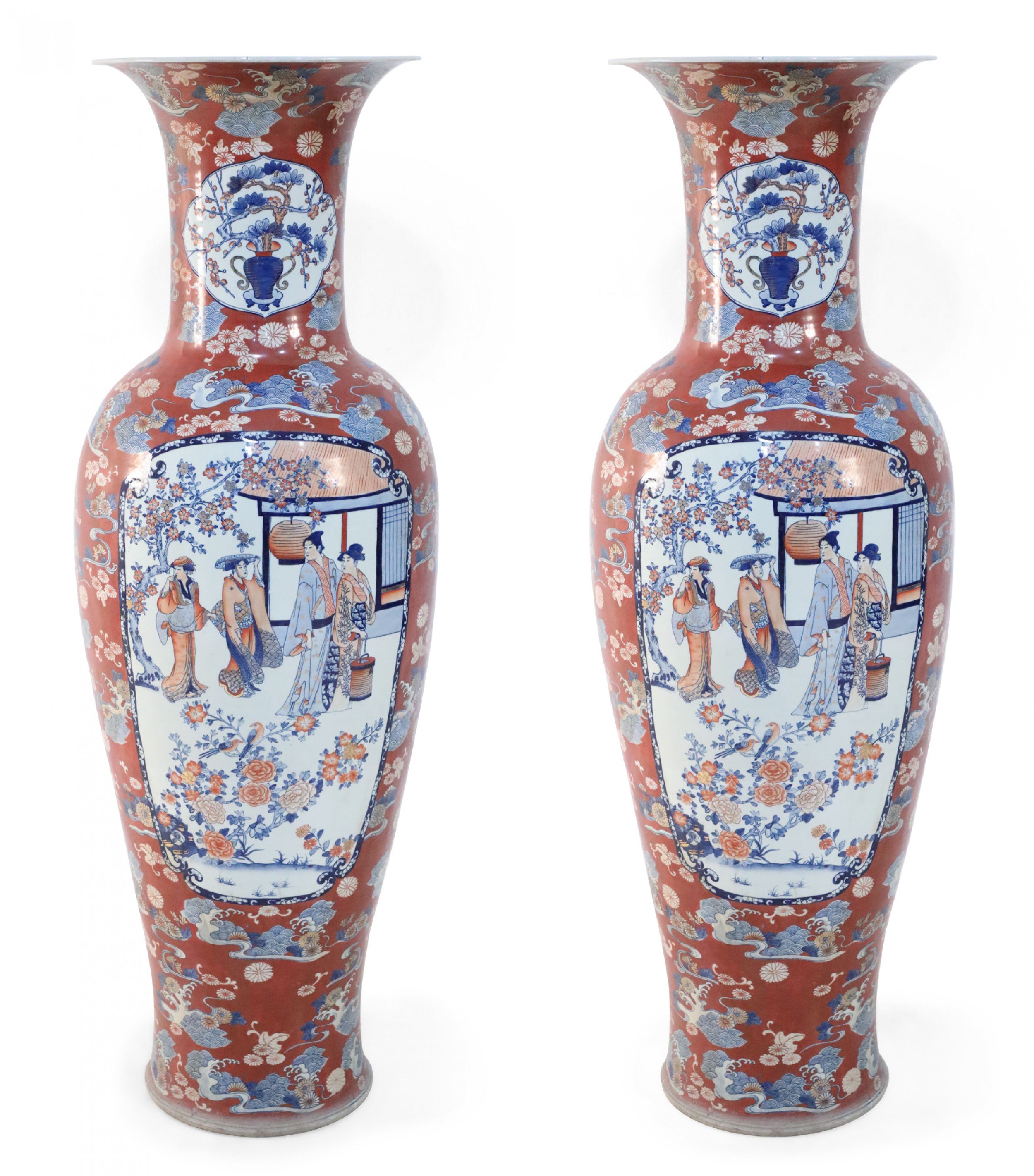 Pair of Chinese Moumental Imari Style Orange Porcelain Urns