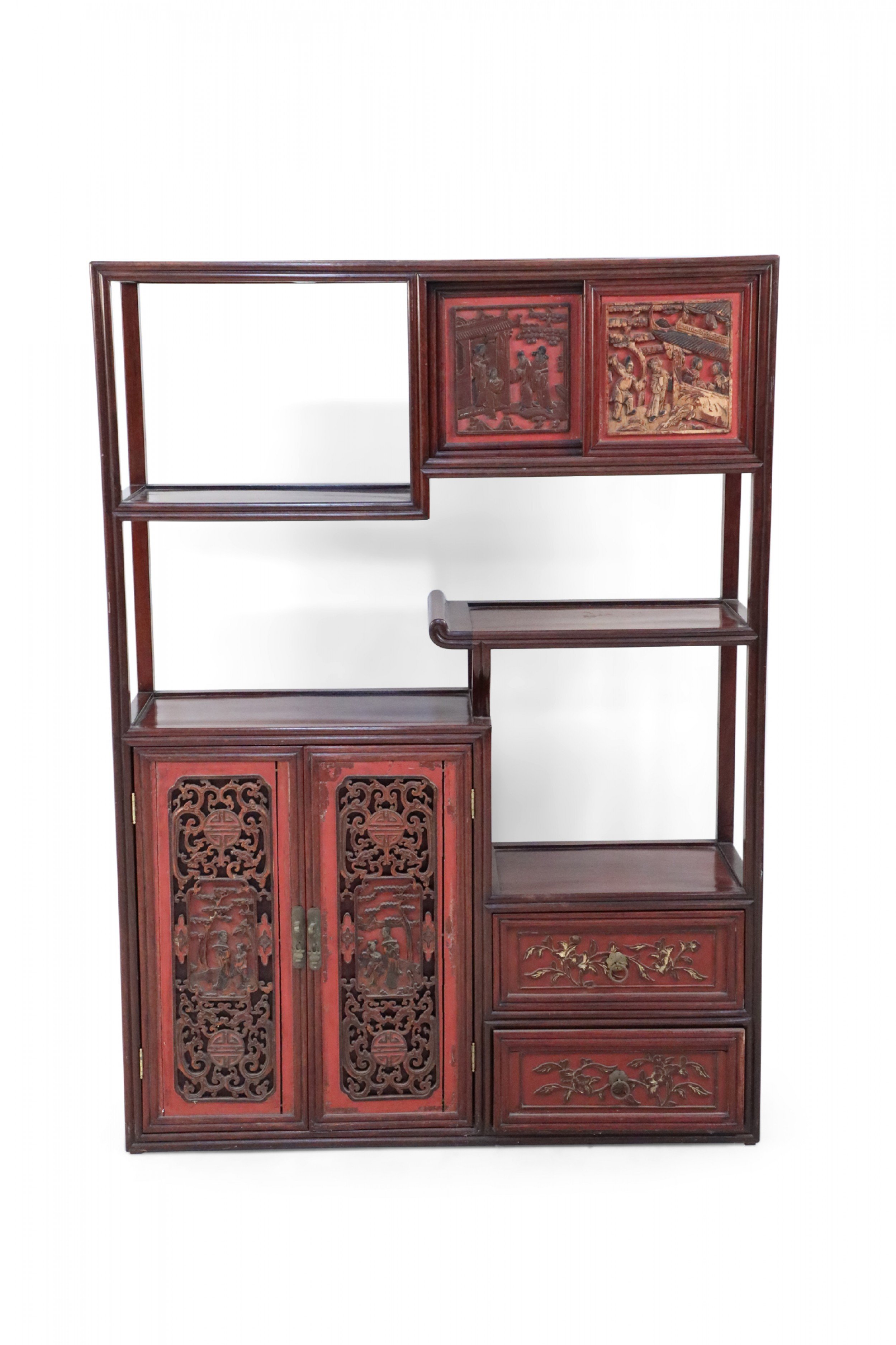 Chinese Carved Wood and Red Accented Bogu Etagere 