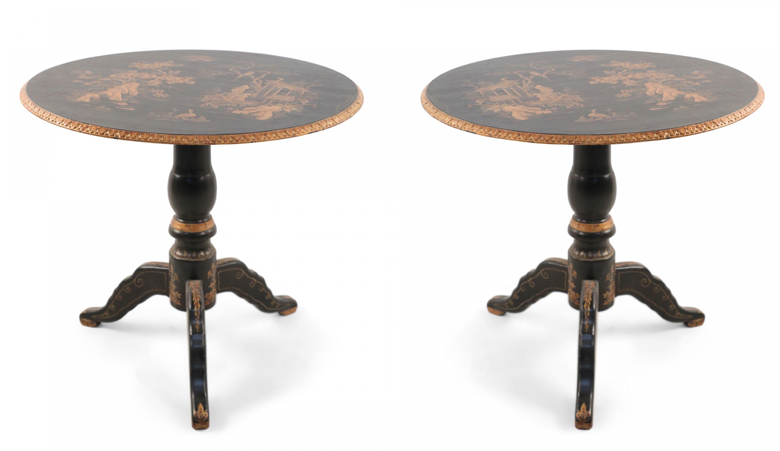 Pair of Contemporary Chinese Hand Painted Black and Gold Center Tables