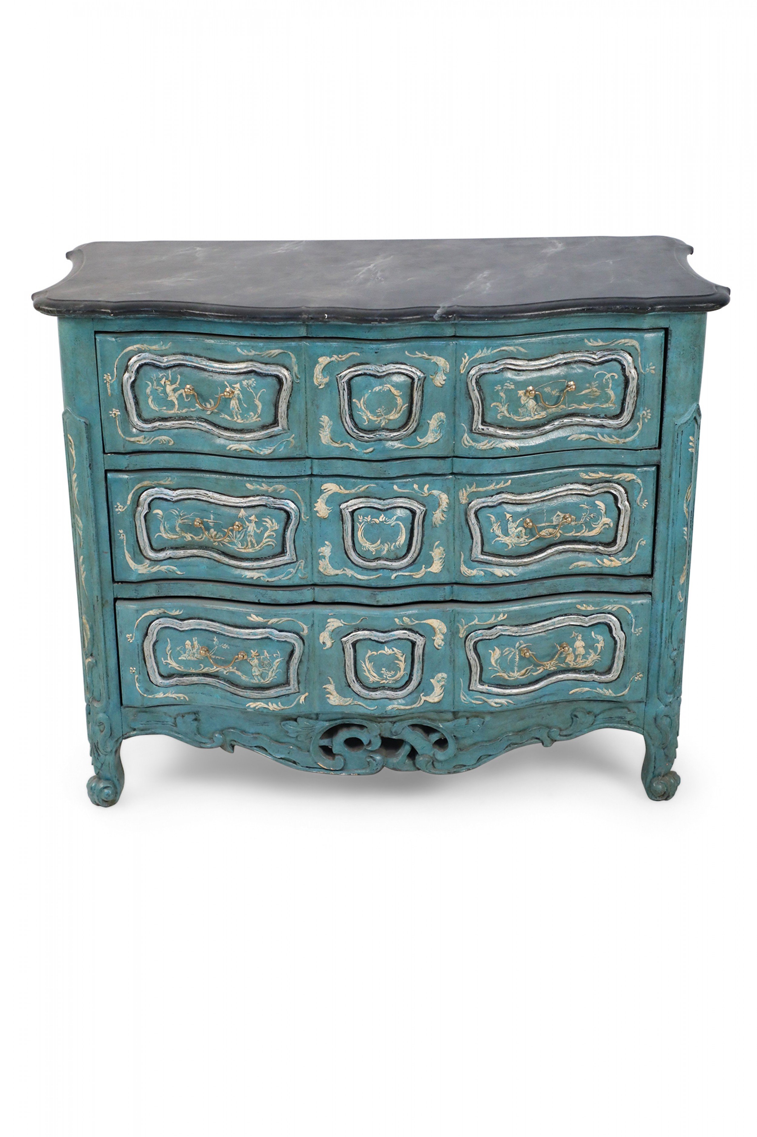 French Louis XV Style Teal Serpentine Commode