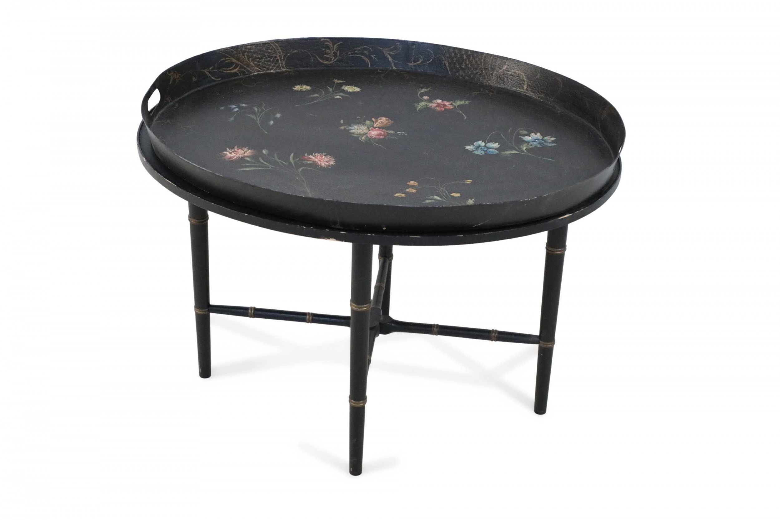 English Regency Style Black and Floral Tray Top Coffee Table