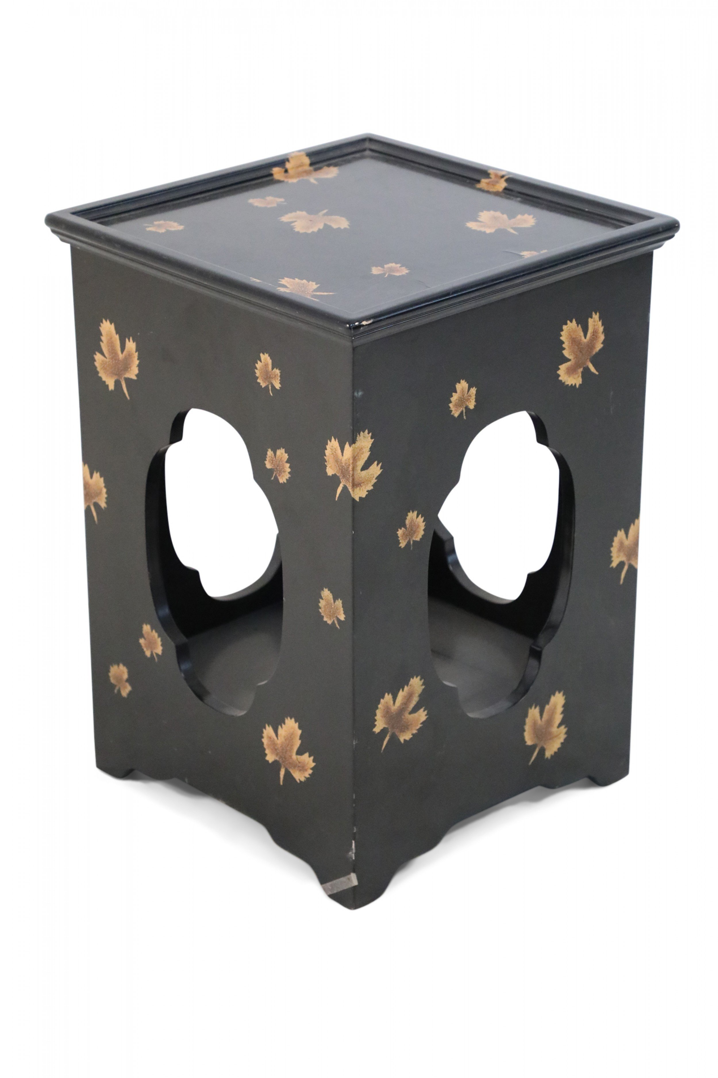 Contemporary Chinese Black and Leaf Motif Square Side Table