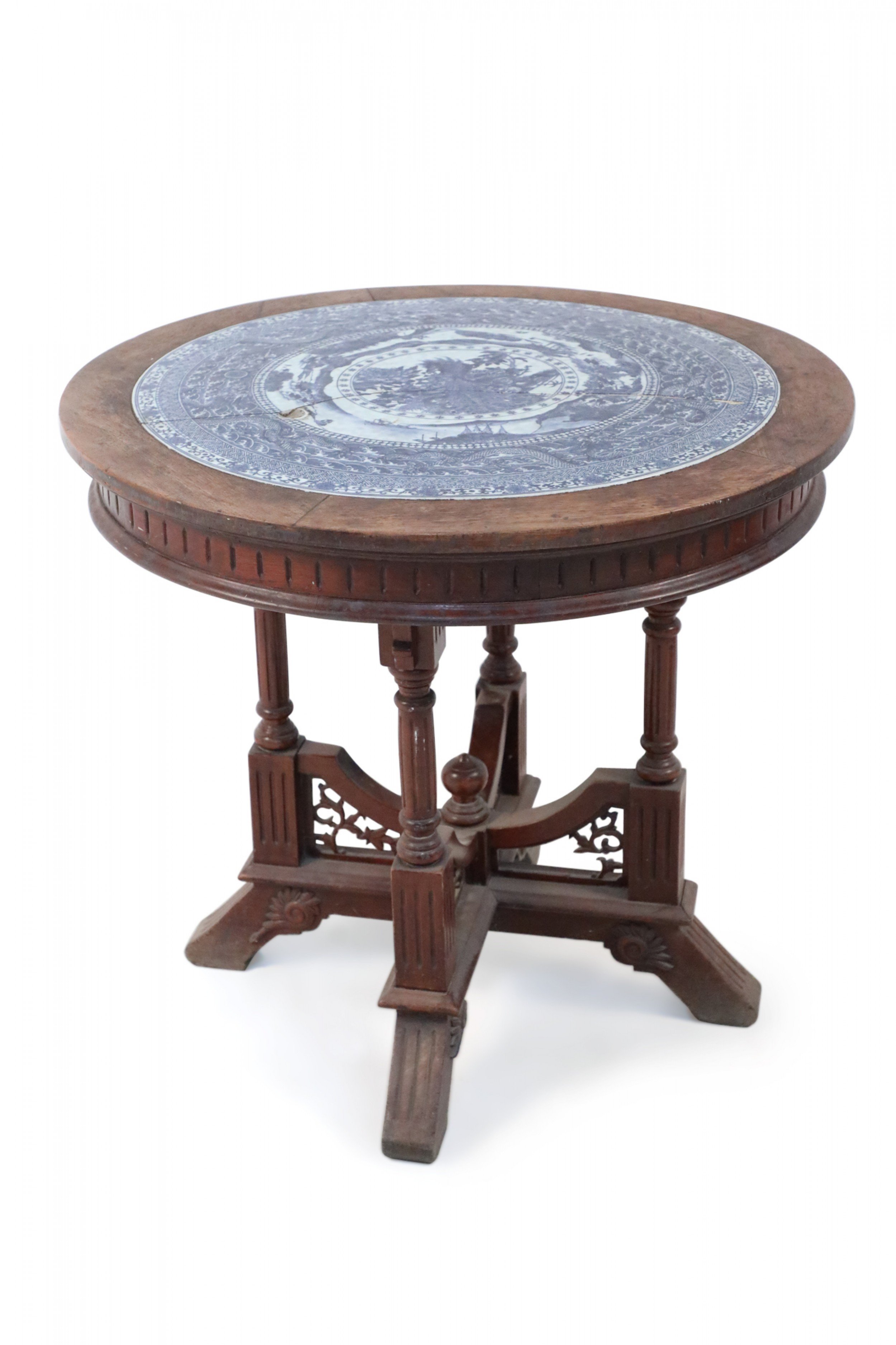 Victorian Oak and Chinese Porcelain Inlay Center Table 