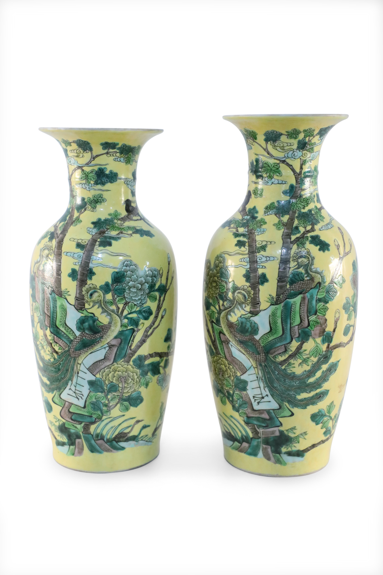 Pair of chinese yellow and natural scene vases