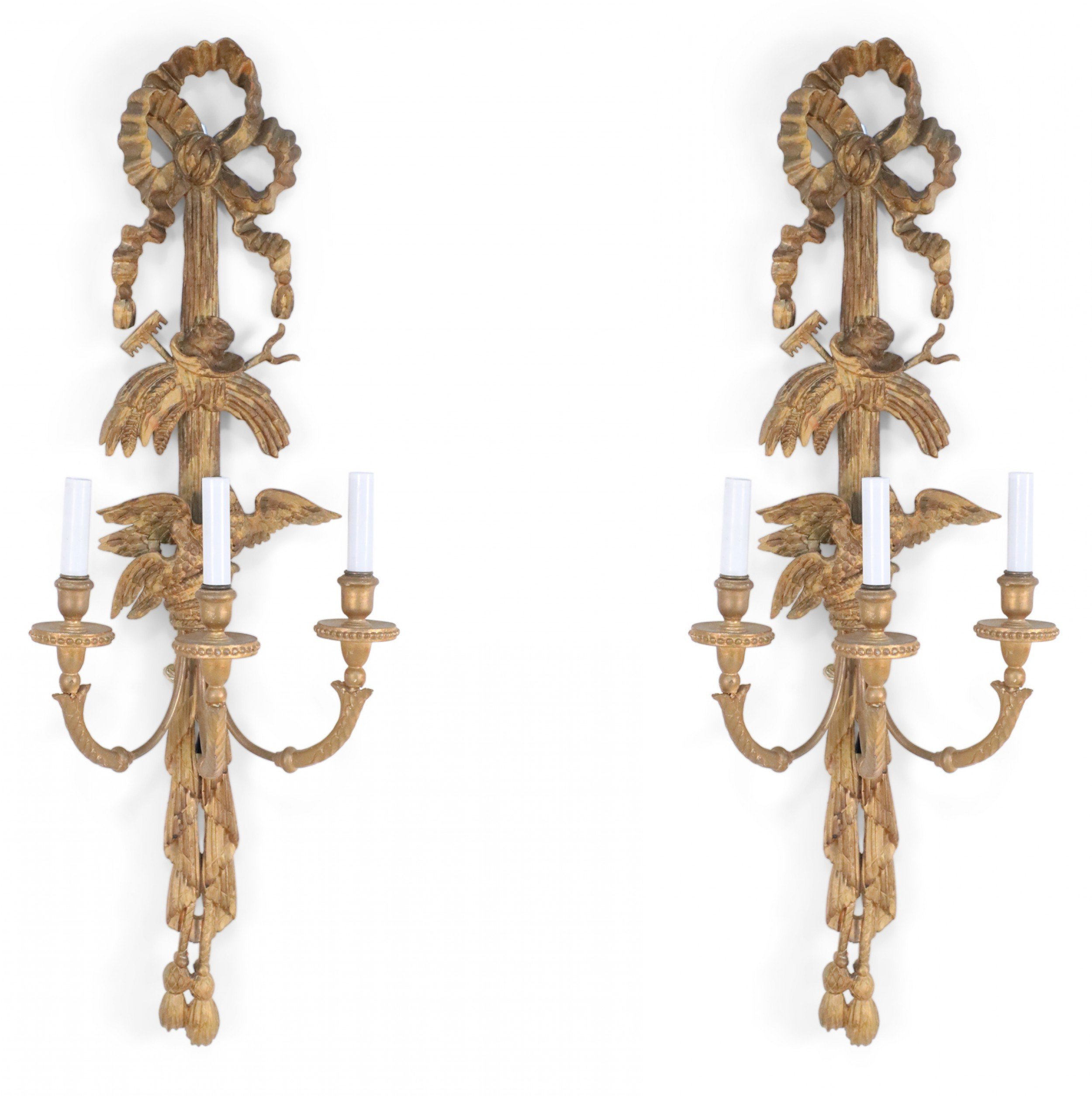 2 Pairs of Louis XVI Style Carved 3 Arm Bow Top Giltwood Sconces