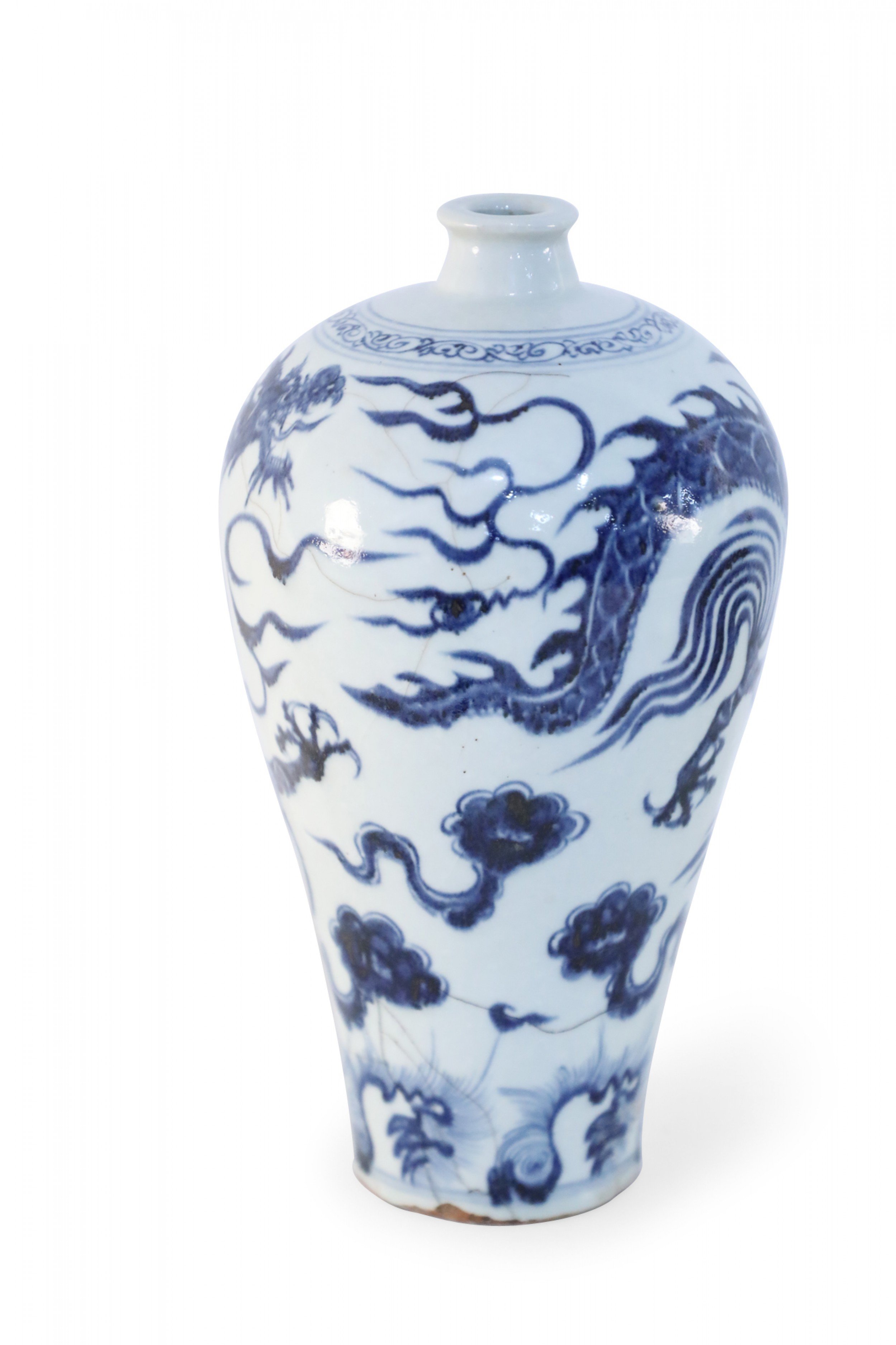 Chinese White and Blue Dragon Design Porcelain Meiping Vase